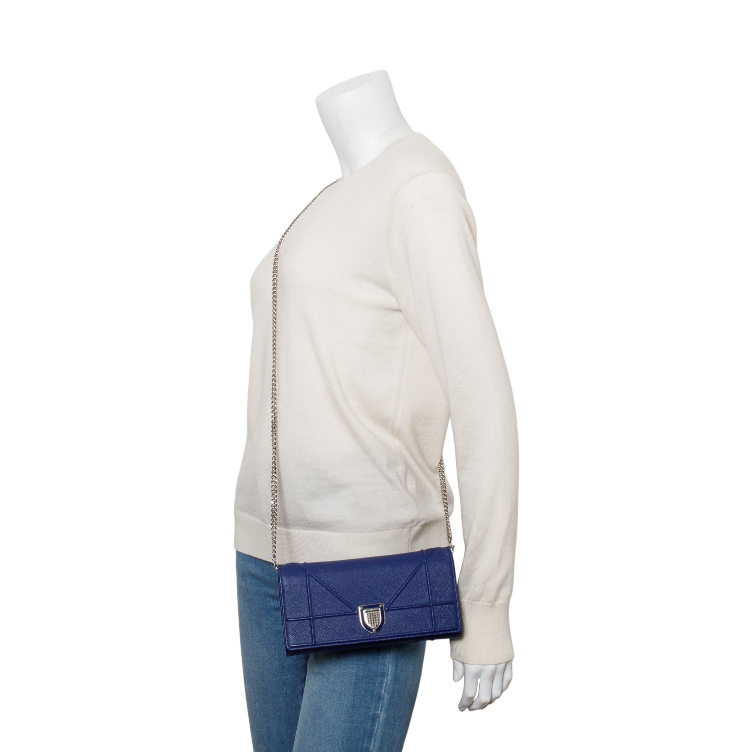 Christian Dior Blue Grained Calfskin Leather Diorama Croisiere Wallet on Chain w/ Box