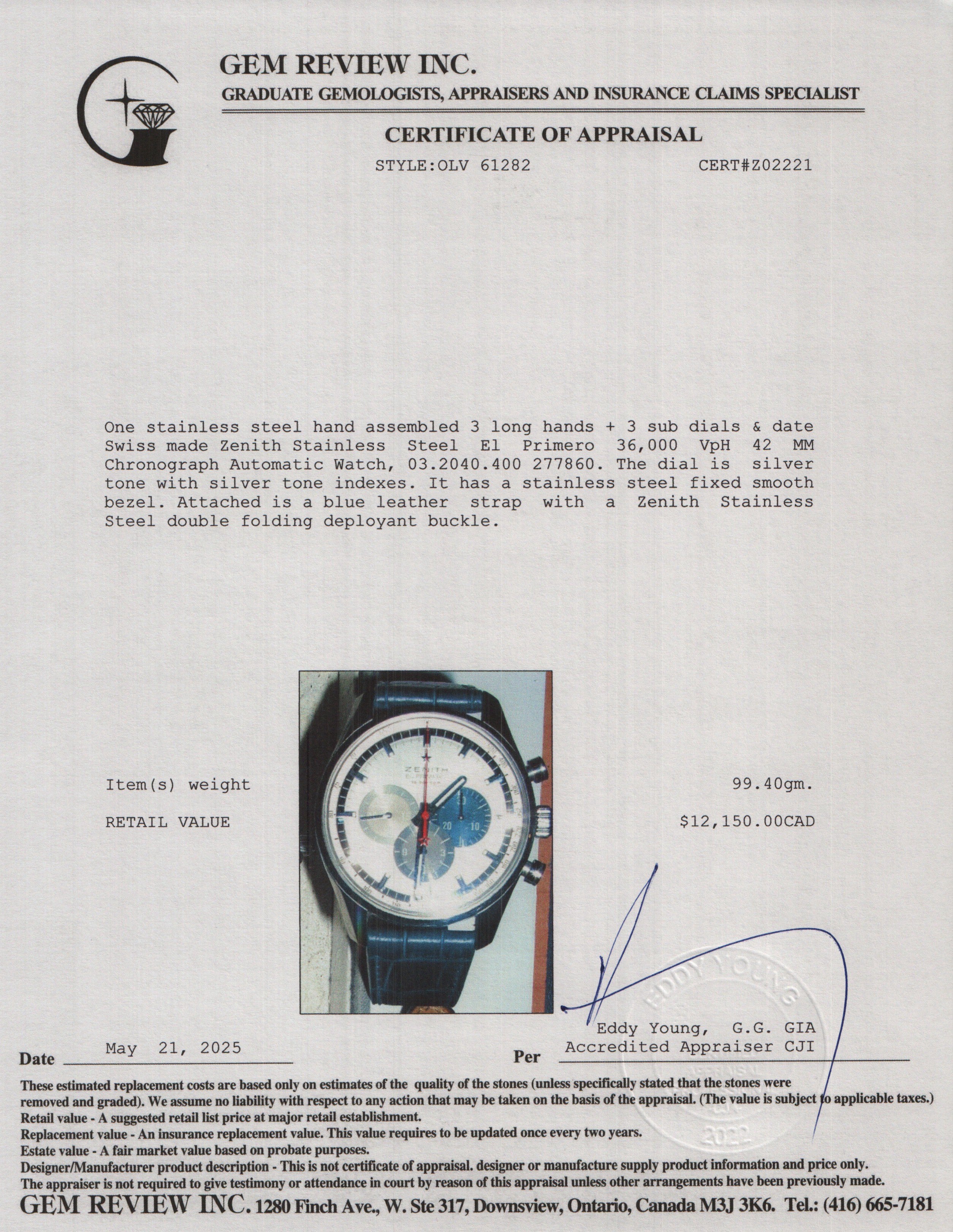 Zenith Stainless Steel El Primero 36,000 VpH 42 MM Chronograph Automatic Watch w/ Box & Papers