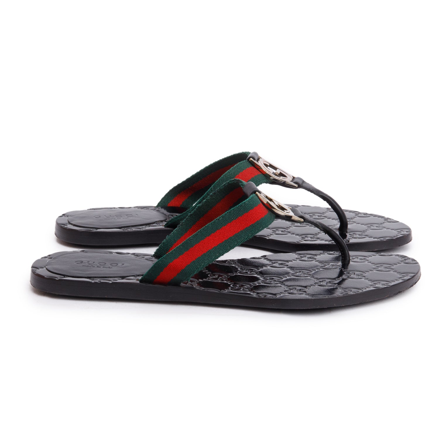 Gucci Black Signature Leather Web Interlocking G Thong Sandals, Size 35.5 w/ Box