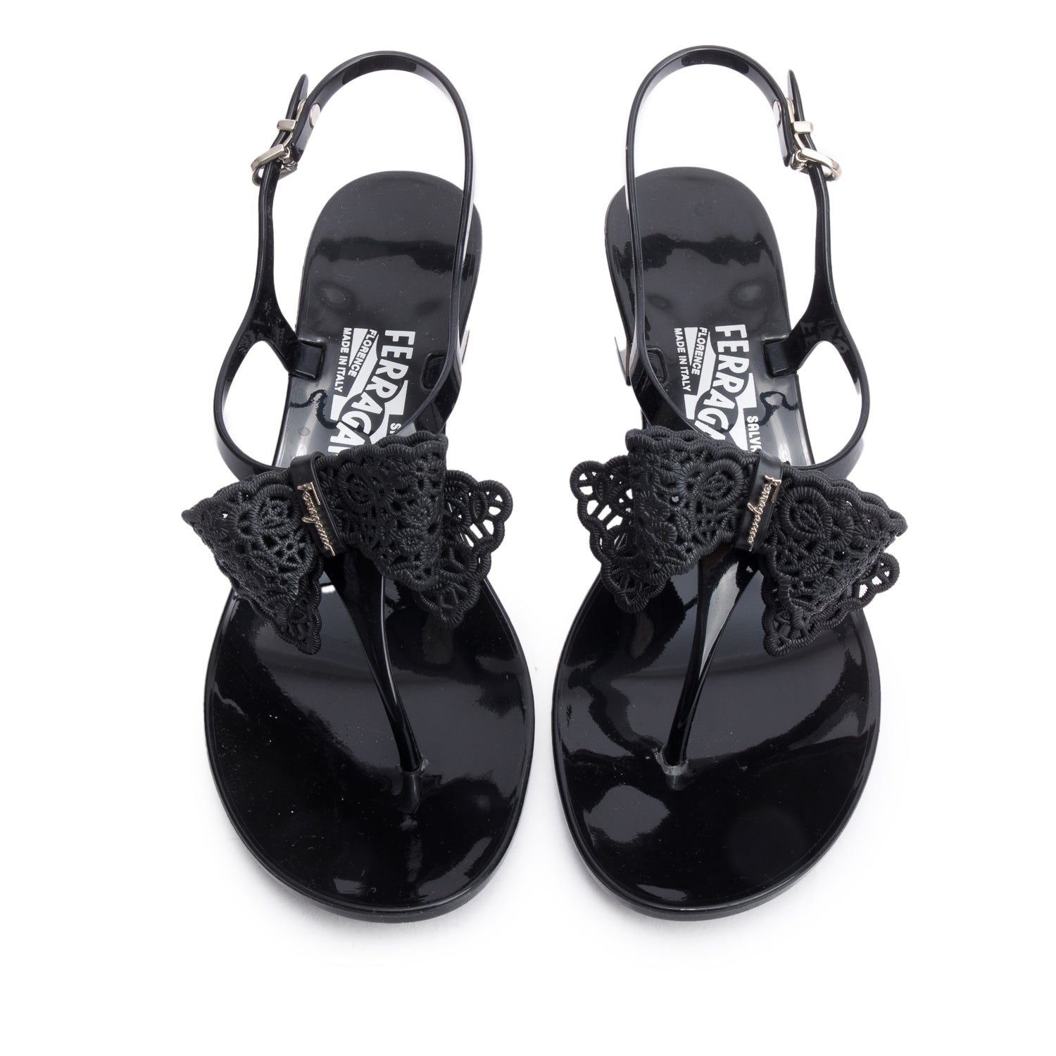 Salvatore Ferragamo Black Rubber Perala Ferra Bow Accent T-Strap Slingback Sandals, Size 7 w/ Box