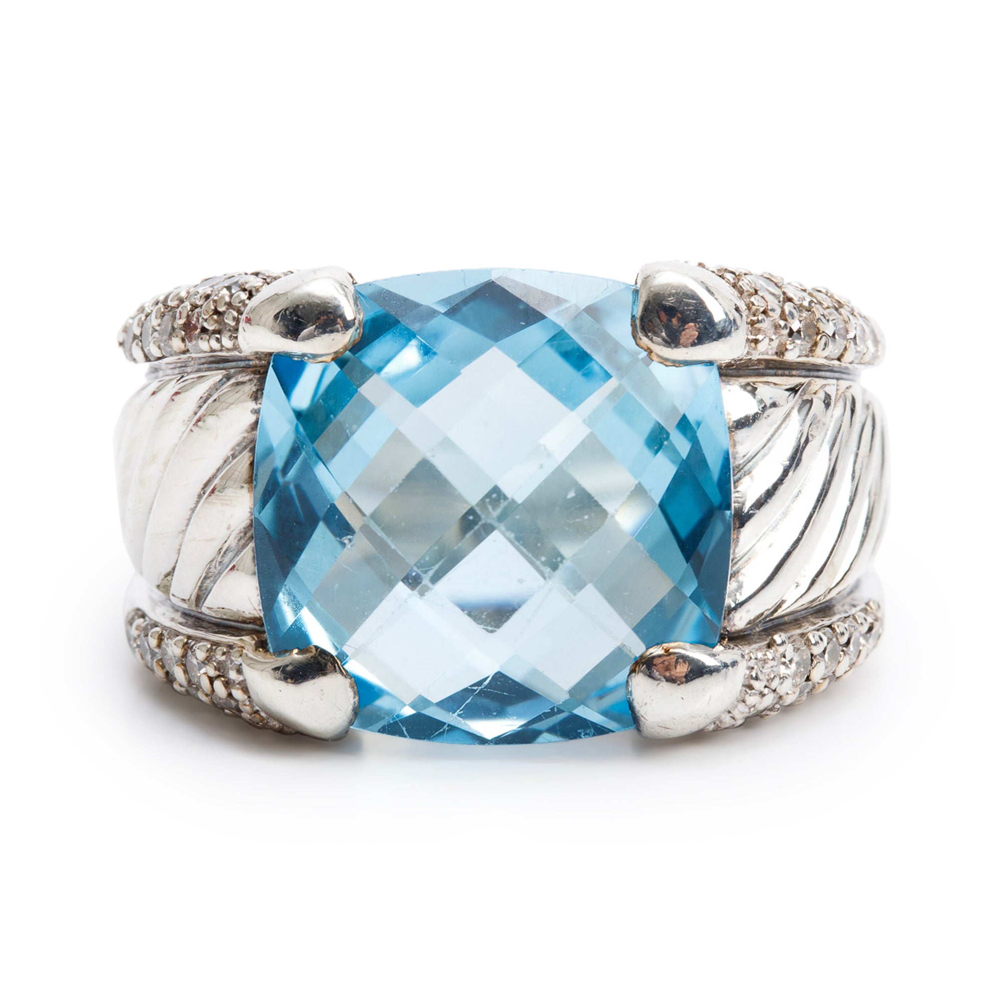 David Yurman Vintage Sterling Silver Blue Topaz & Diamond Cocktail Ring, Size 7.25