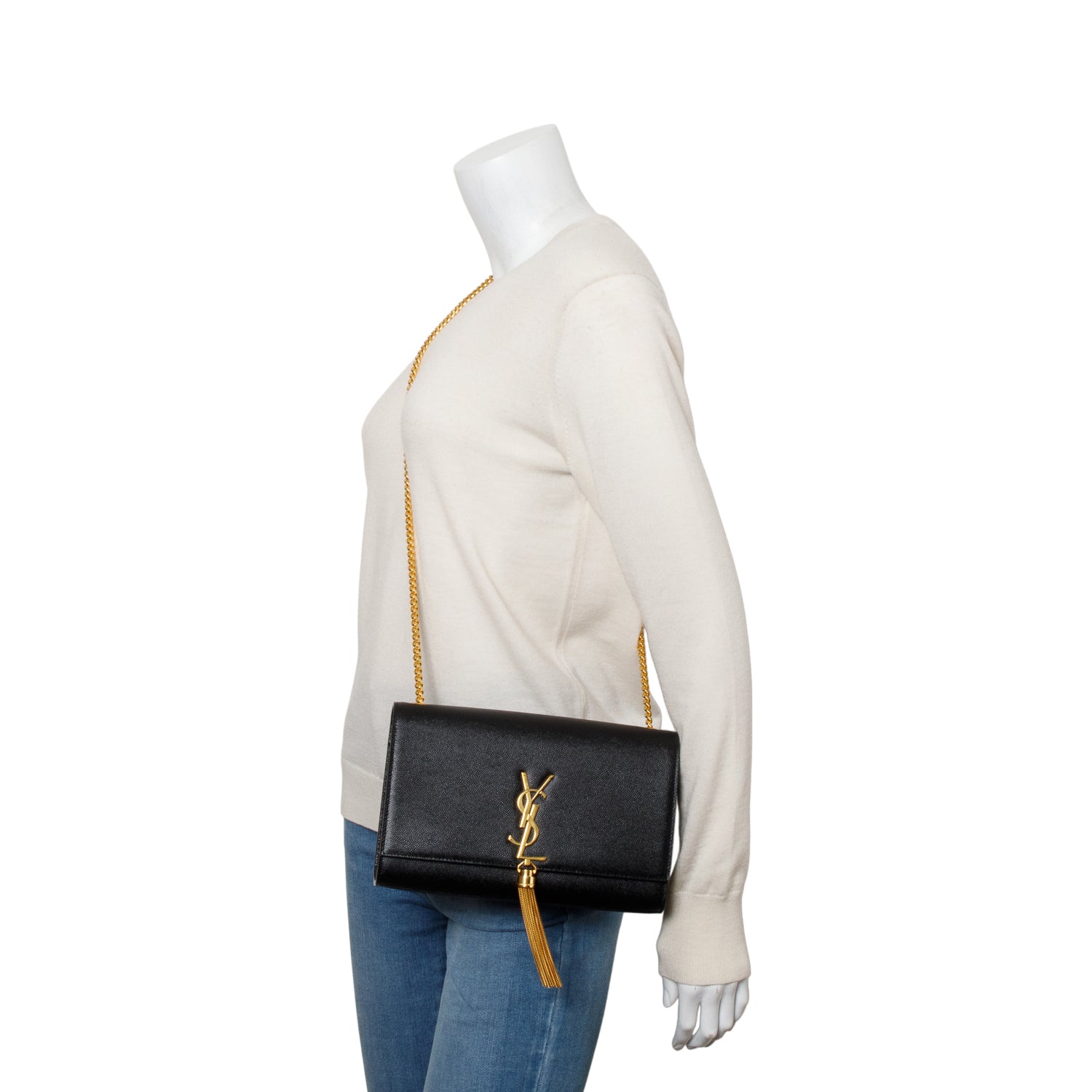 Saint Laurent 2022 Black Grain De Poudre Leather Medium Classic Monogram Kate Tassel Chain Bag w/ Box