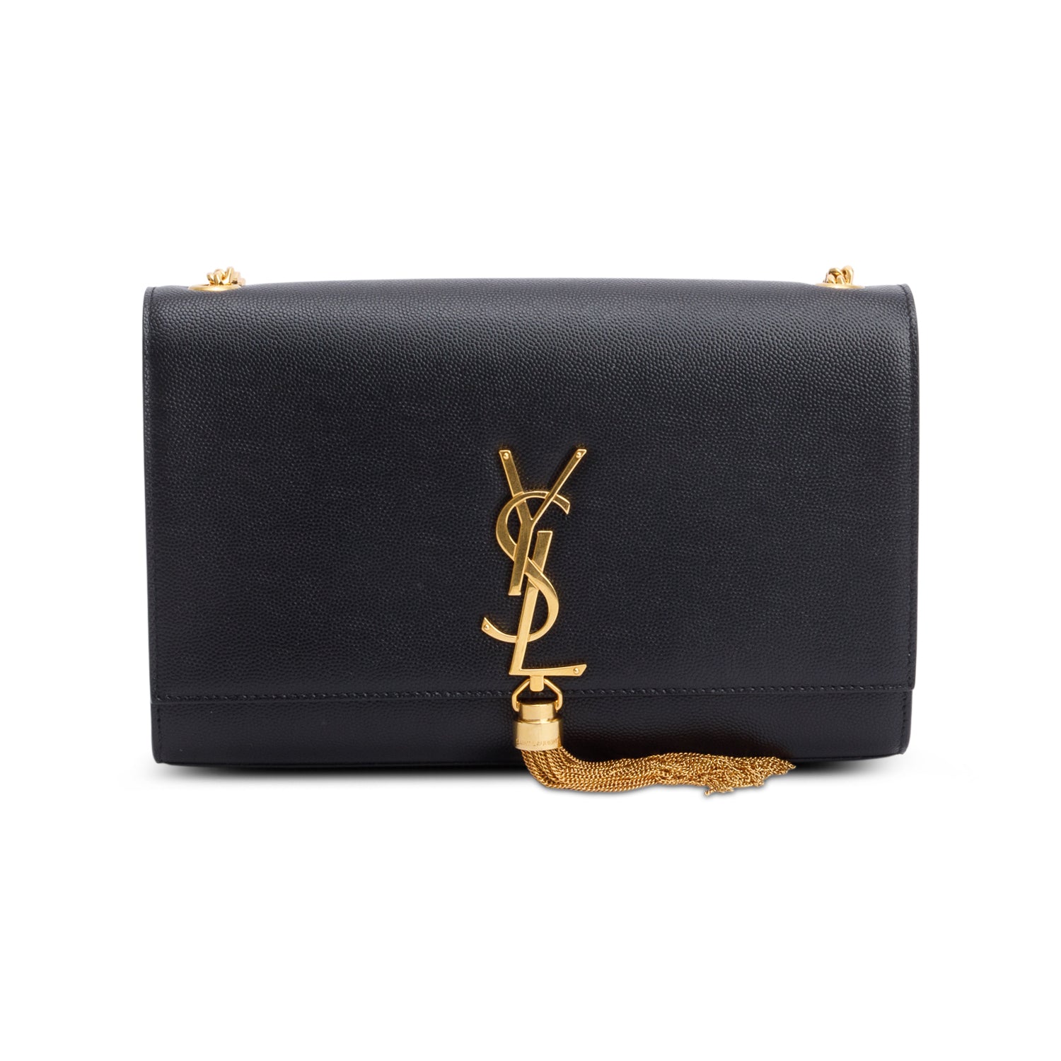 Saint Laurent 2022 Black Grain De Poudre Leather Medium Classic Monogram Kate Tassel Chain Bag w/ Box