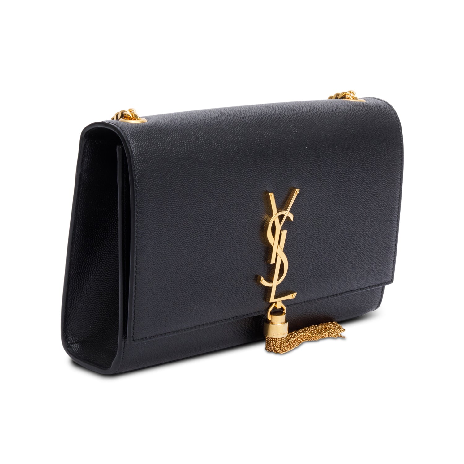 Saint Laurent 2022 Black Grain De Poudre Leather Medium Classic Monogram Kate Tassel Chain Bag w/ Box