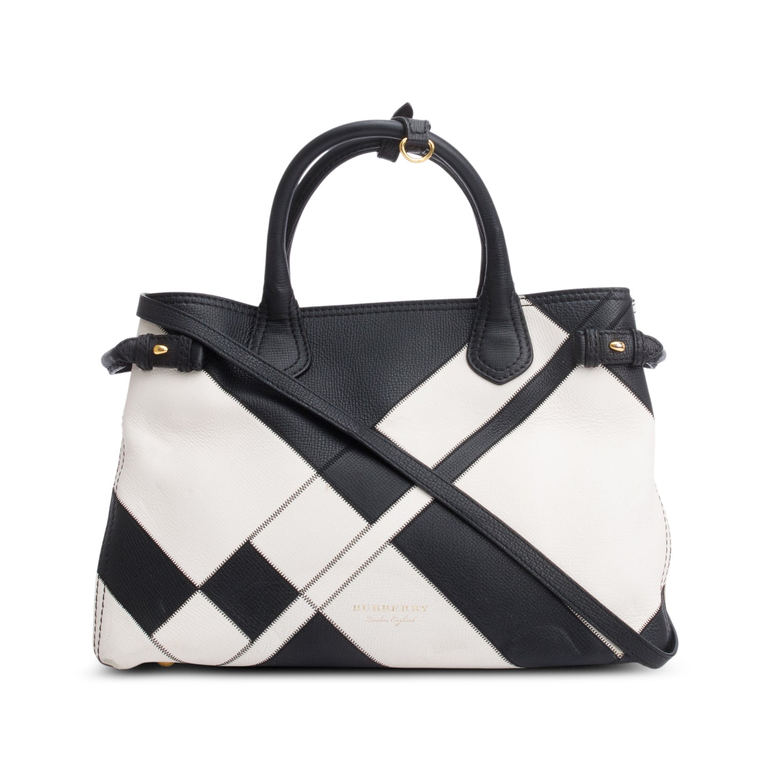 Burberry Black/White Calfskin Leather House Check Medium Patchwork Banner Tote w/ Strap