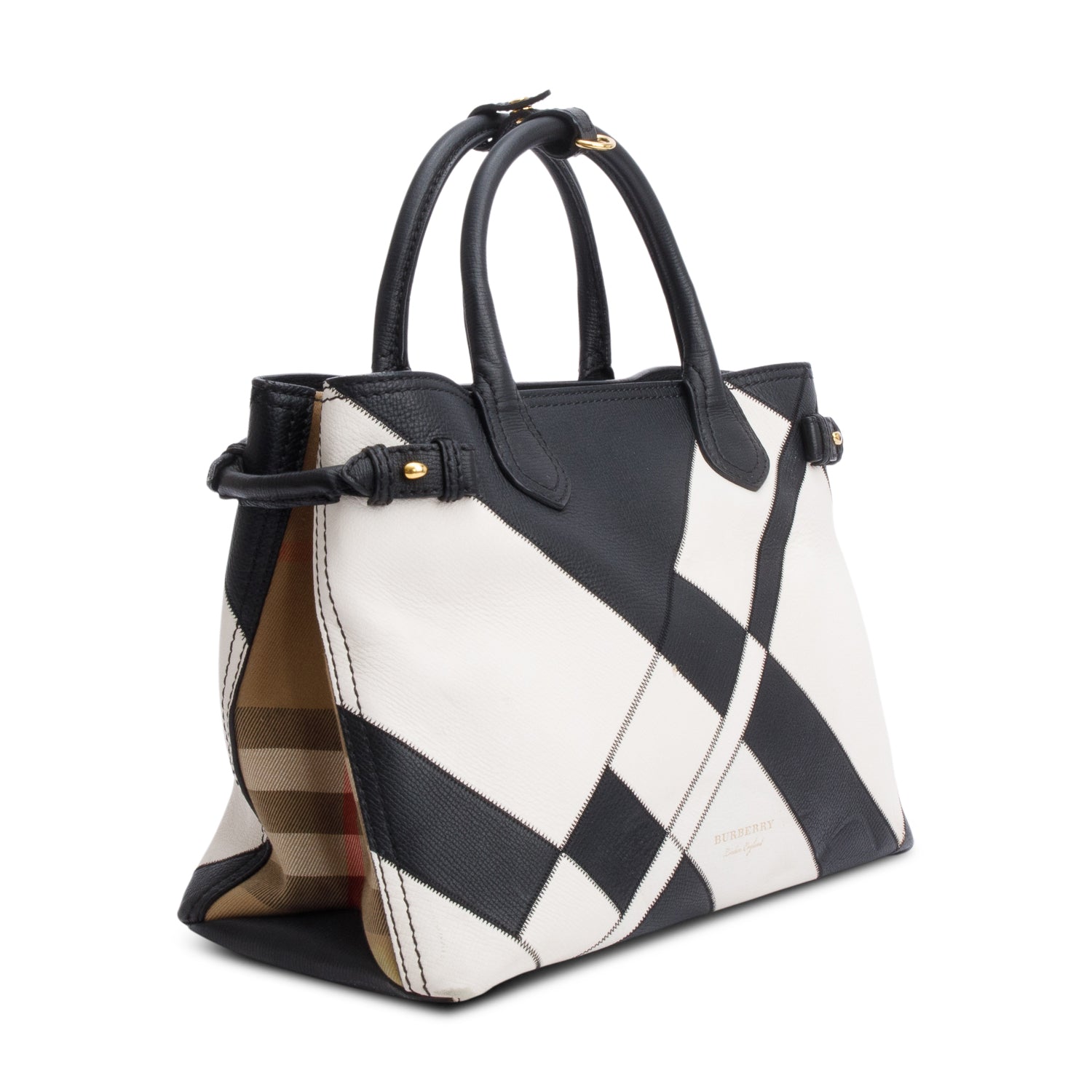 Burberry Black/White Calfskin Leather House Check Medium Patchwork Banner Tote w/ Strap