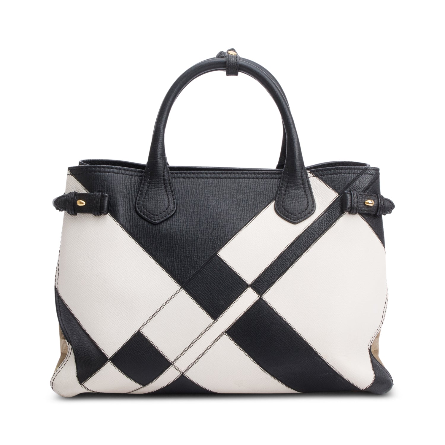 Burberry Black/White Calfskin Leather House Check Medium Patchwork Banner Tote w/ Strap