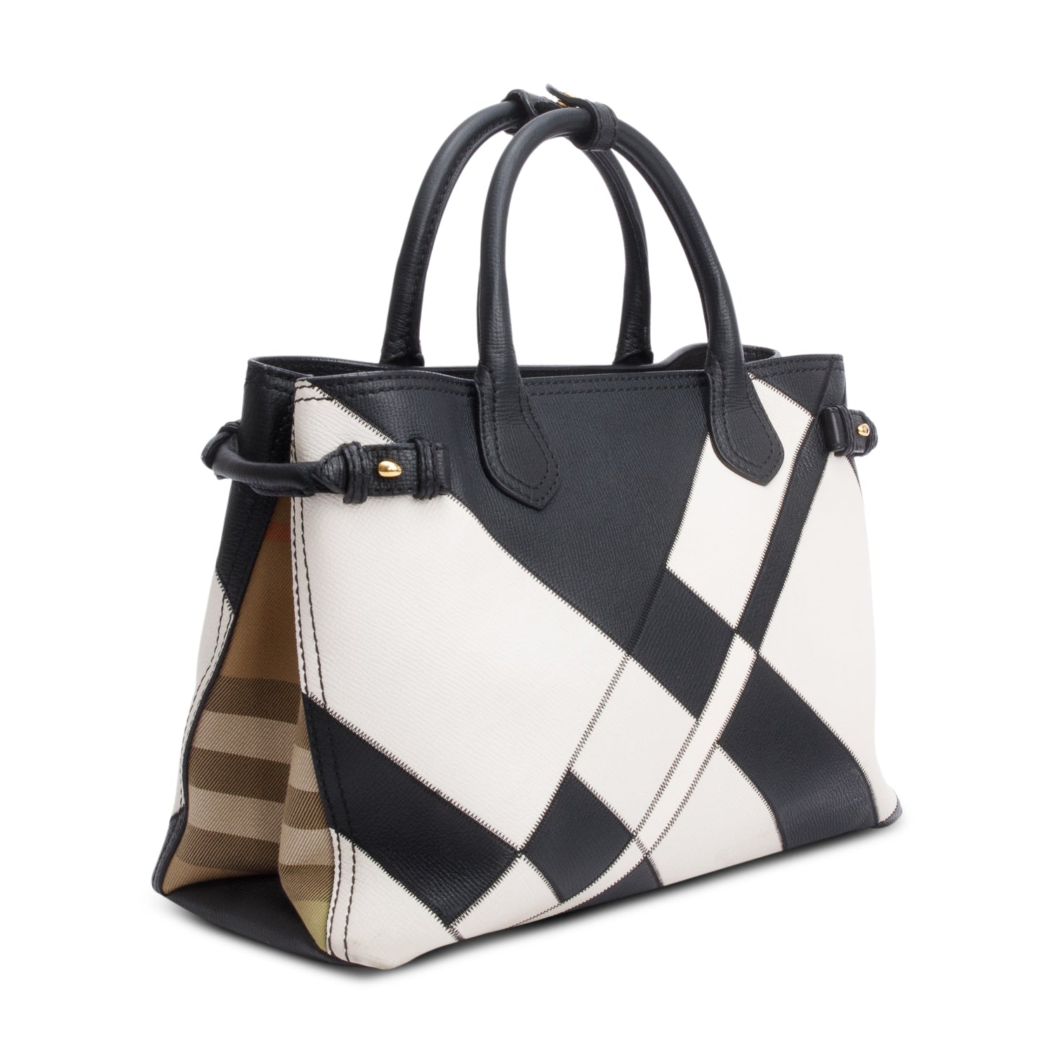 Burberry Black/White Calfskin Leather House Check Medium Patchwork Banner Tote w/ Strap