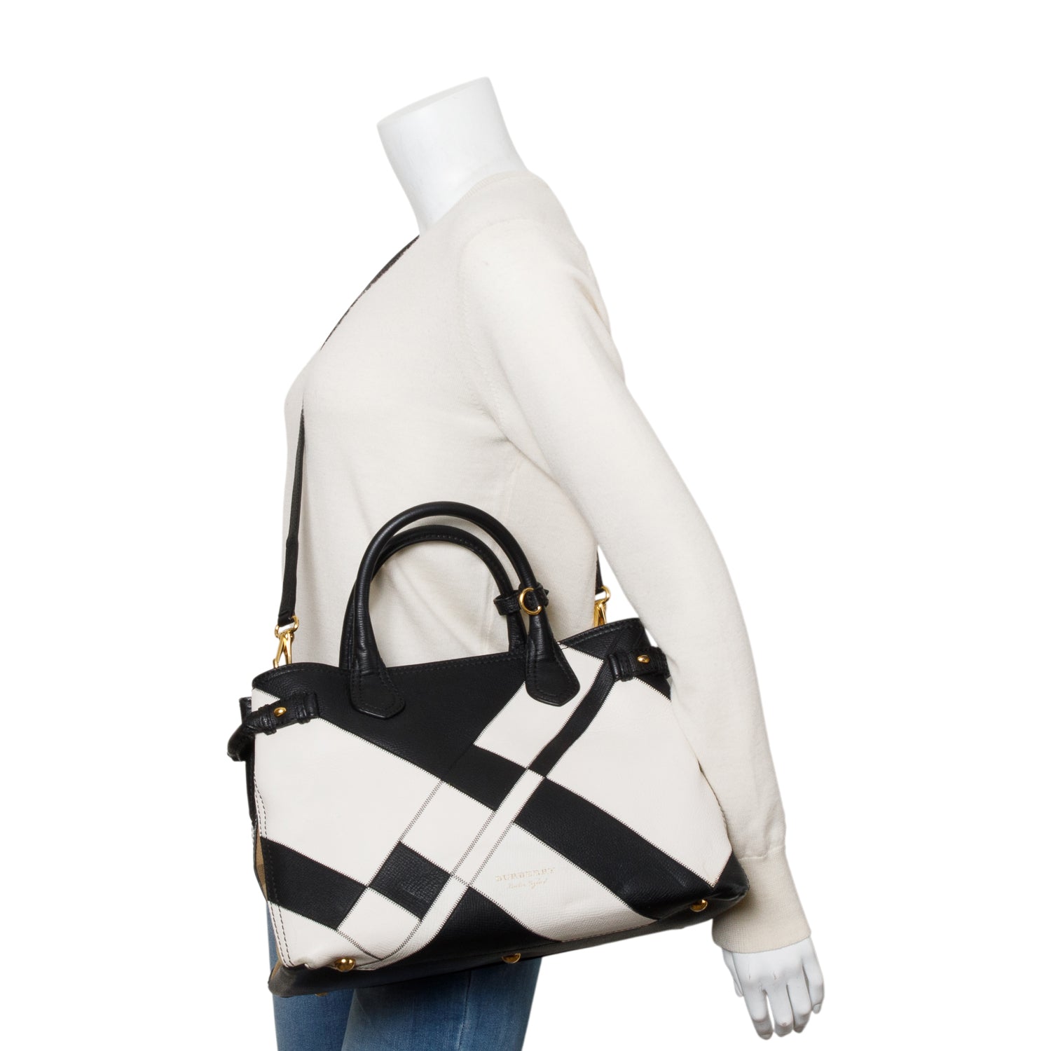 Burberry Black/White Calfskin Leather House Check Medium Patchwork Banner Tote w/ Strap