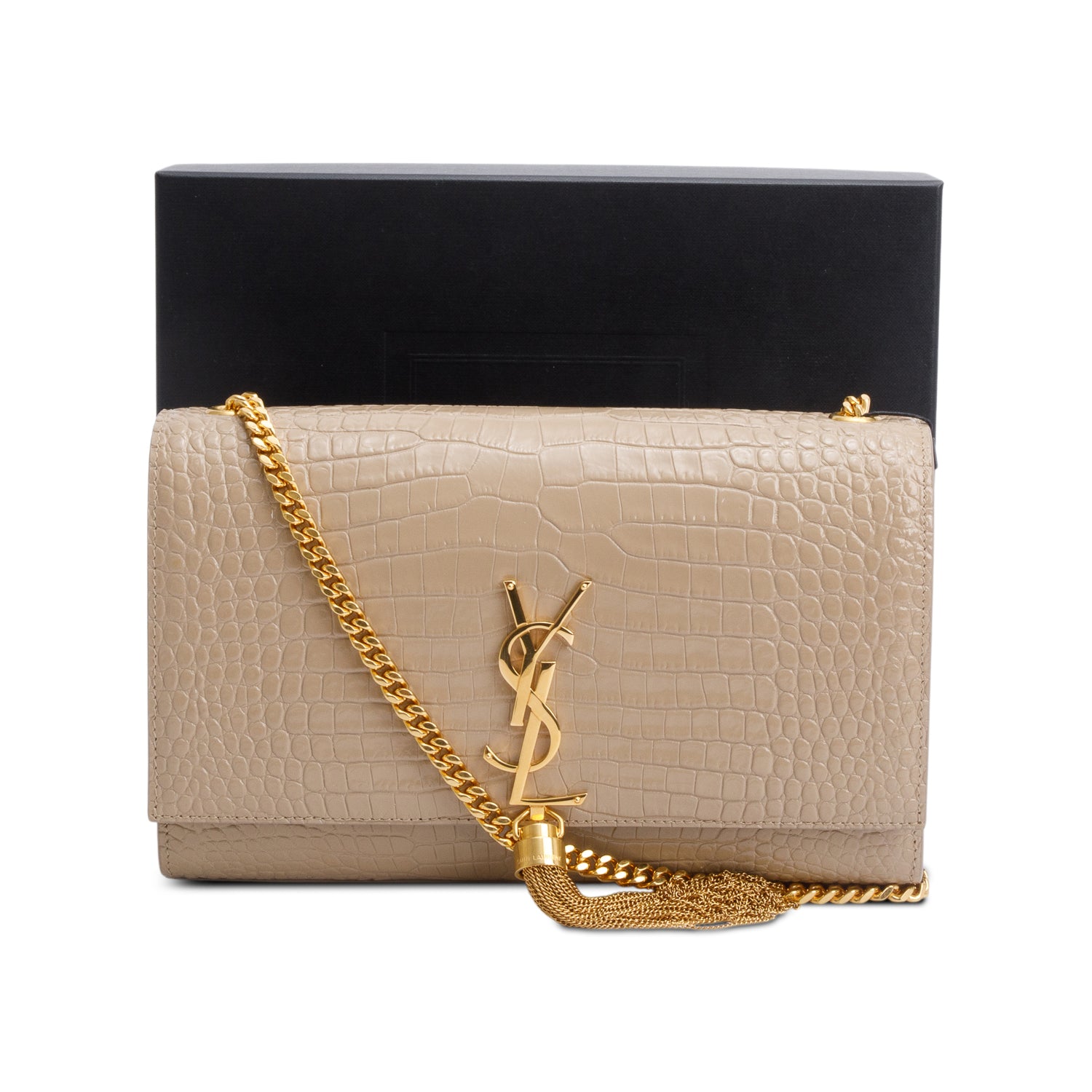 Saint Laurent 2023 Beige Crocodile-Embossed Leather Medium Classic Monogram Kate Tassel Chain Bag w/ Box