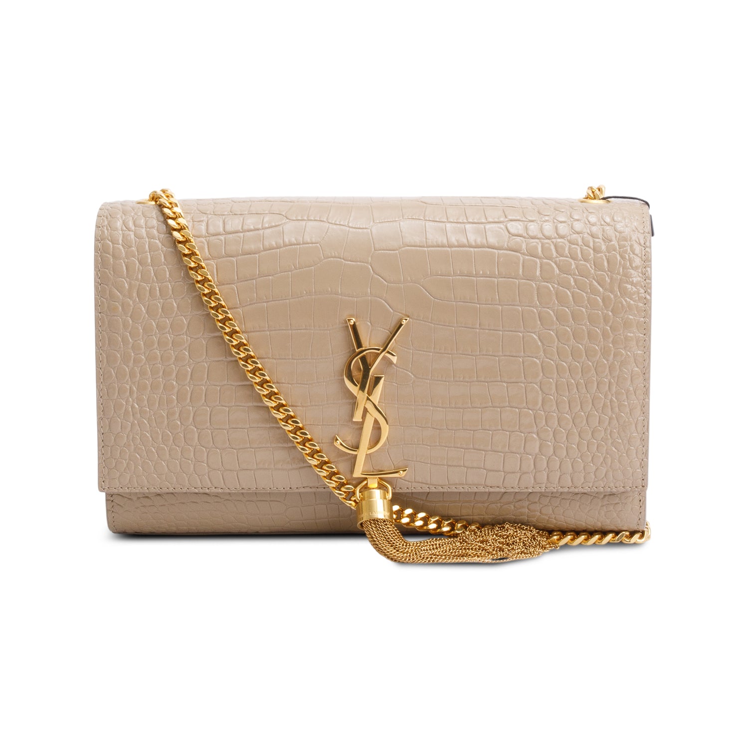 Saint Laurent 2023 Beige Crocodile-Embossed Leather Medium Classic Monogram Kate Tassel Chain Bag w/ Box
