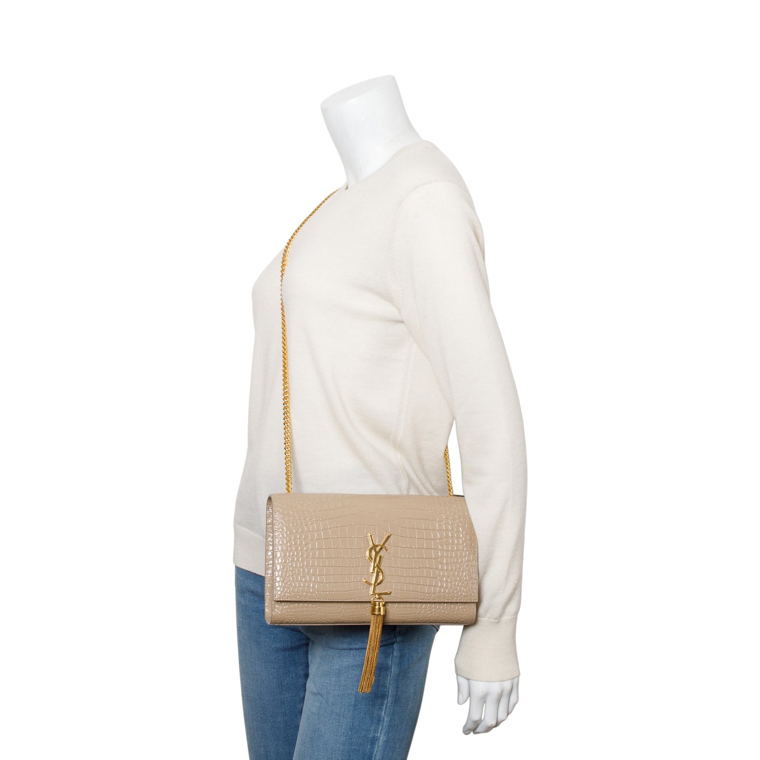 Saint Laurent 2023 Beige Crocodile-Embossed Leather Medium Classic Monogram Kate Tassel Chain Bag w/ Box