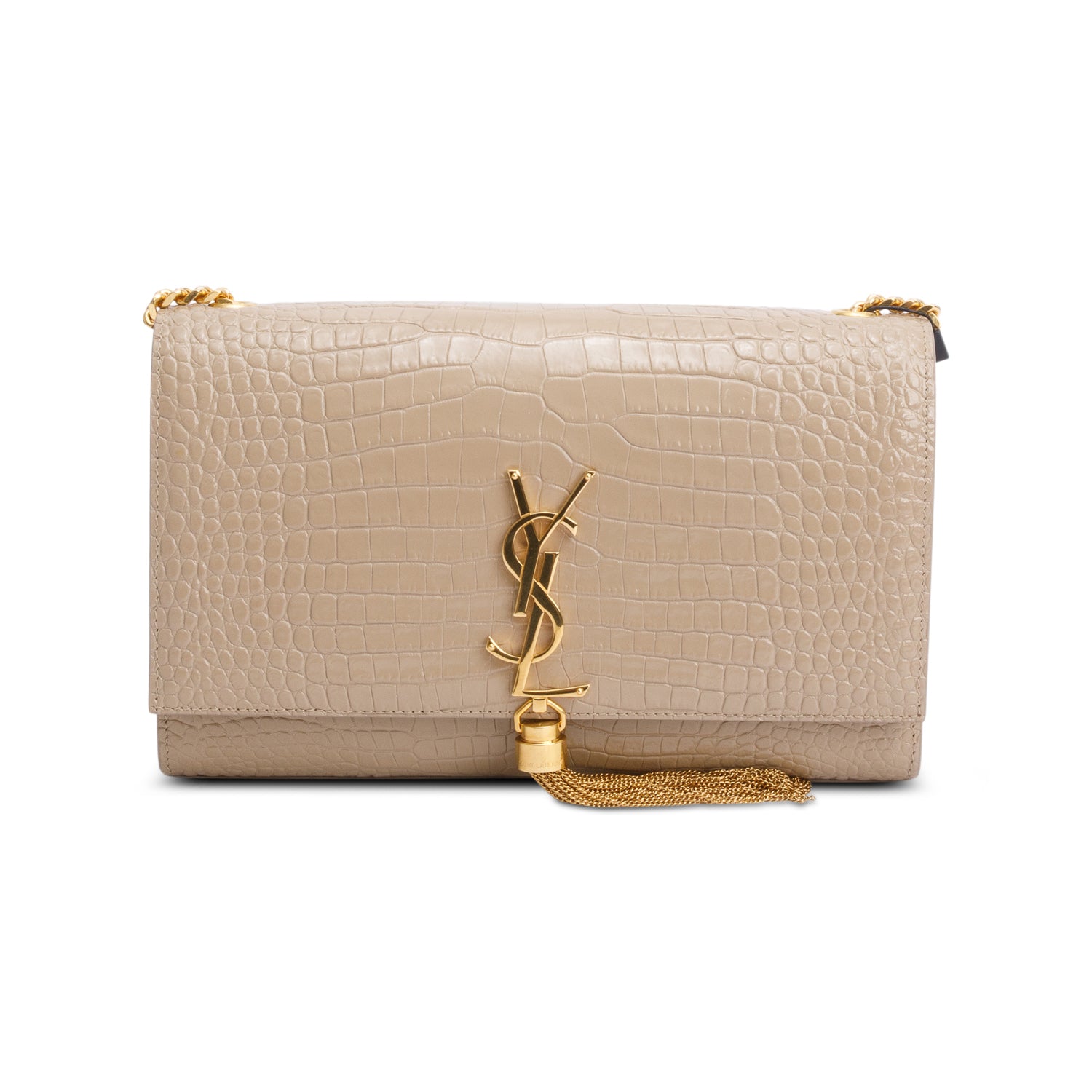 Saint Laurent 2023 Beige Crocodile-Embossed Leather Medium Classic Monogram Kate Tassel Chain Bag w/ Box