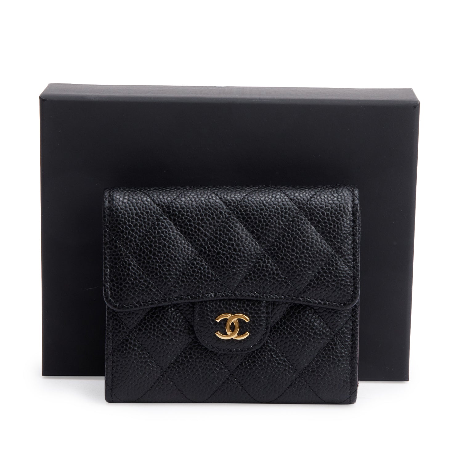 Chanel 2023 Black Quilted Caviar Leather Classic Interlocking CC Logo Trifold Compact Wallet w/ Box