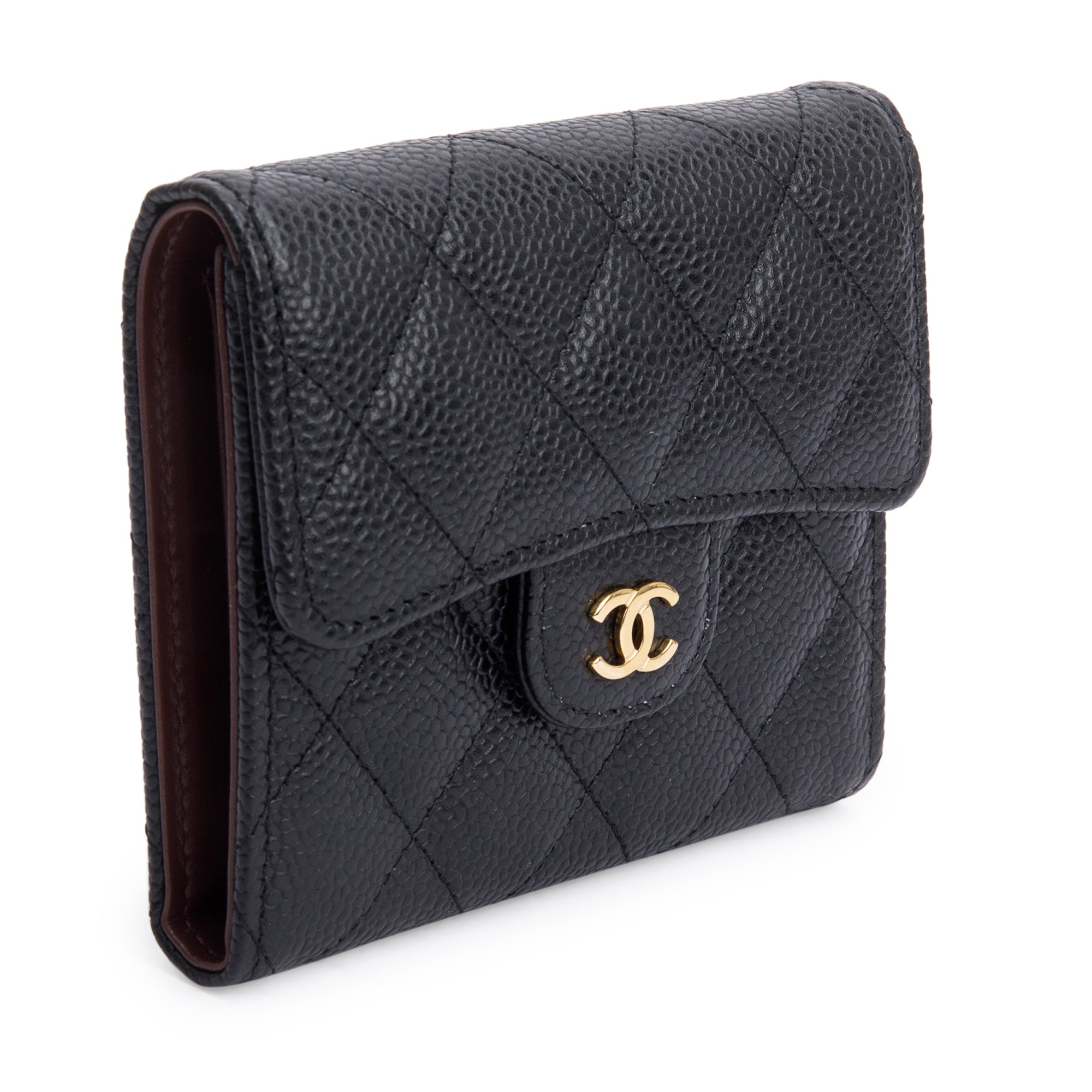 Chanel 2023 Black Quilted Caviar Leather Classic Interlocking CC Logo Trifold Compact Wallet w/ Box