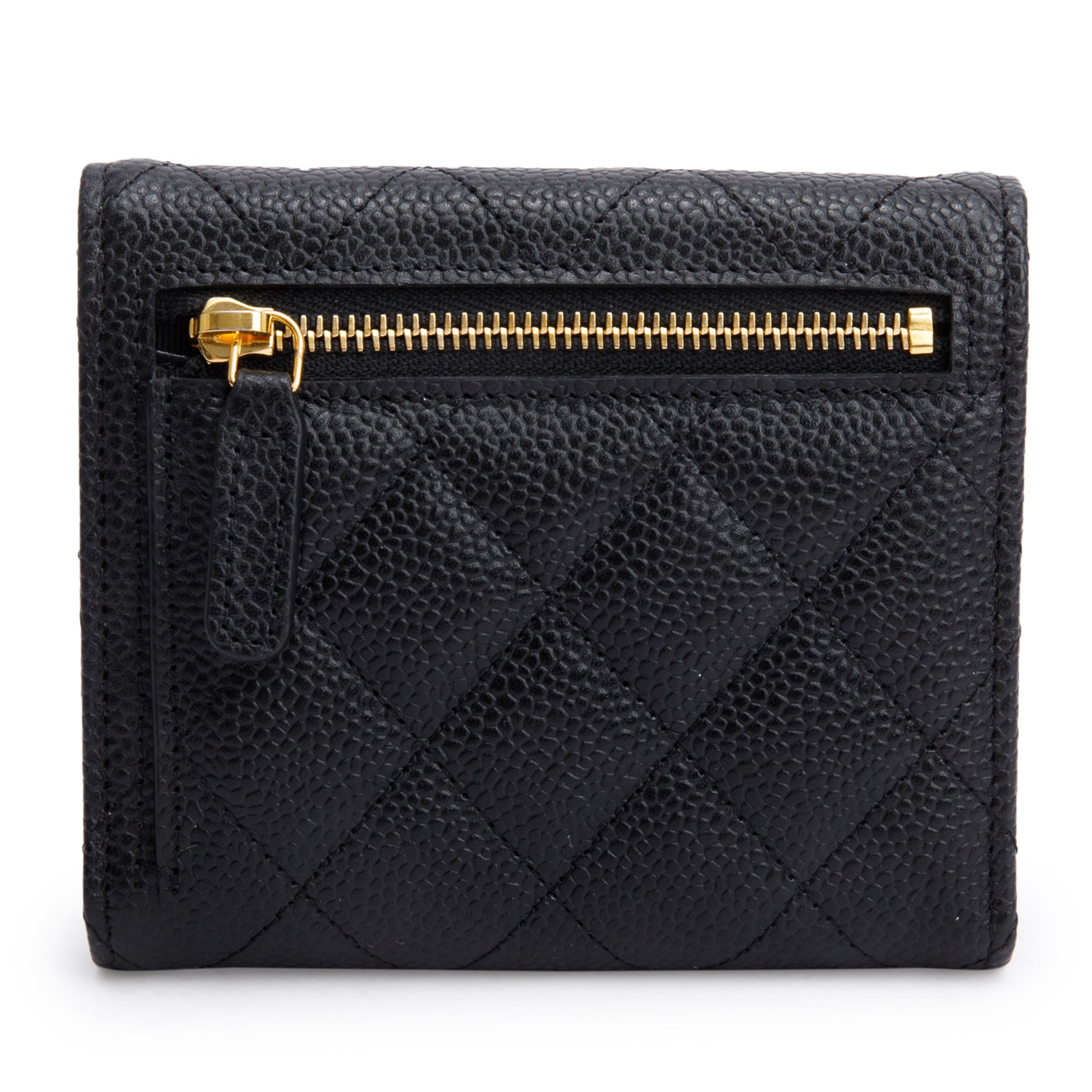 Chanel 2023 Black Quilted Caviar Leather Classic Interlocking CC Logo Trifold Compact Wallet w/ Box
