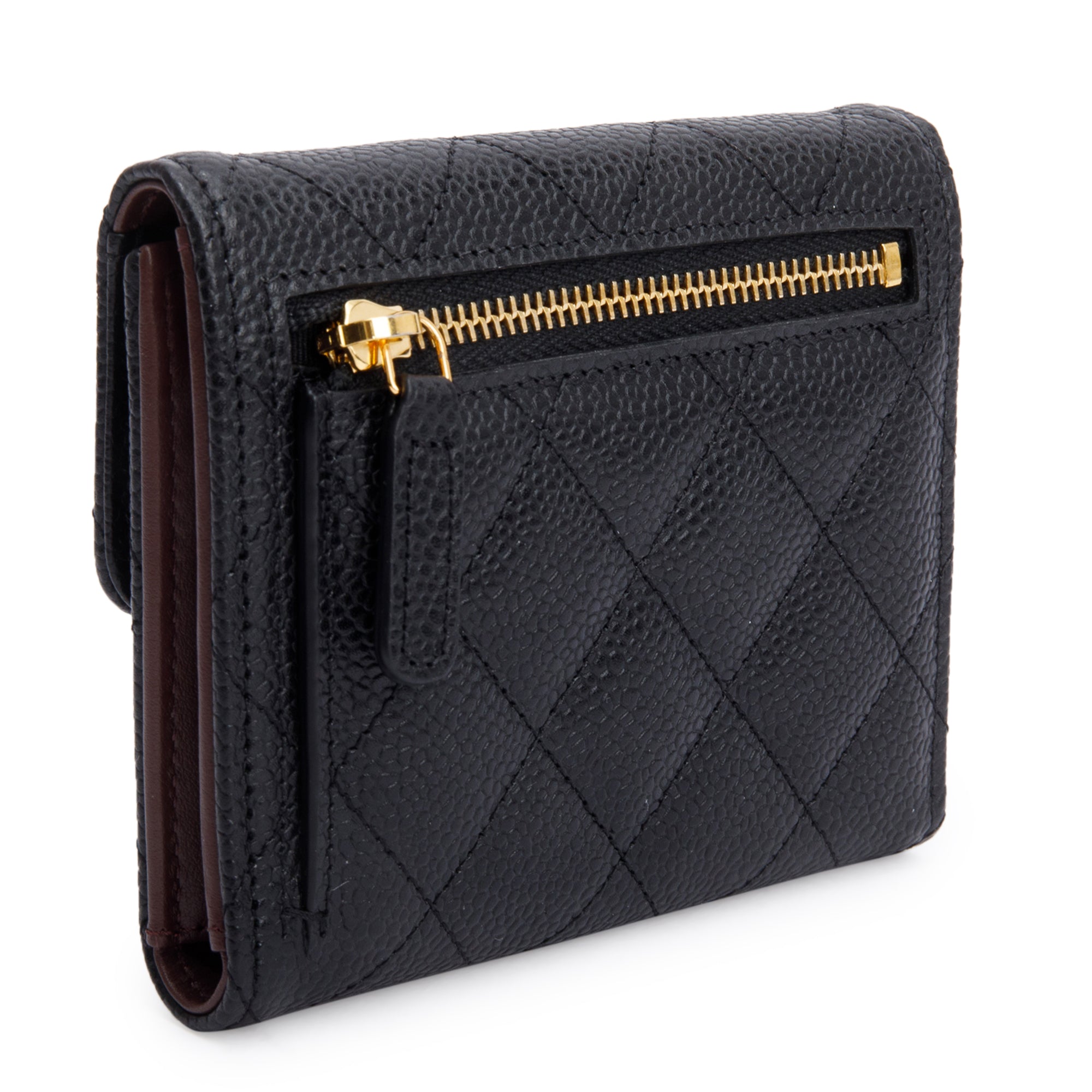 Chanel 2023 Black Quilted Caviar Leather Classic Interlocking CC Logo Trifold Compact Wallet w/ Box