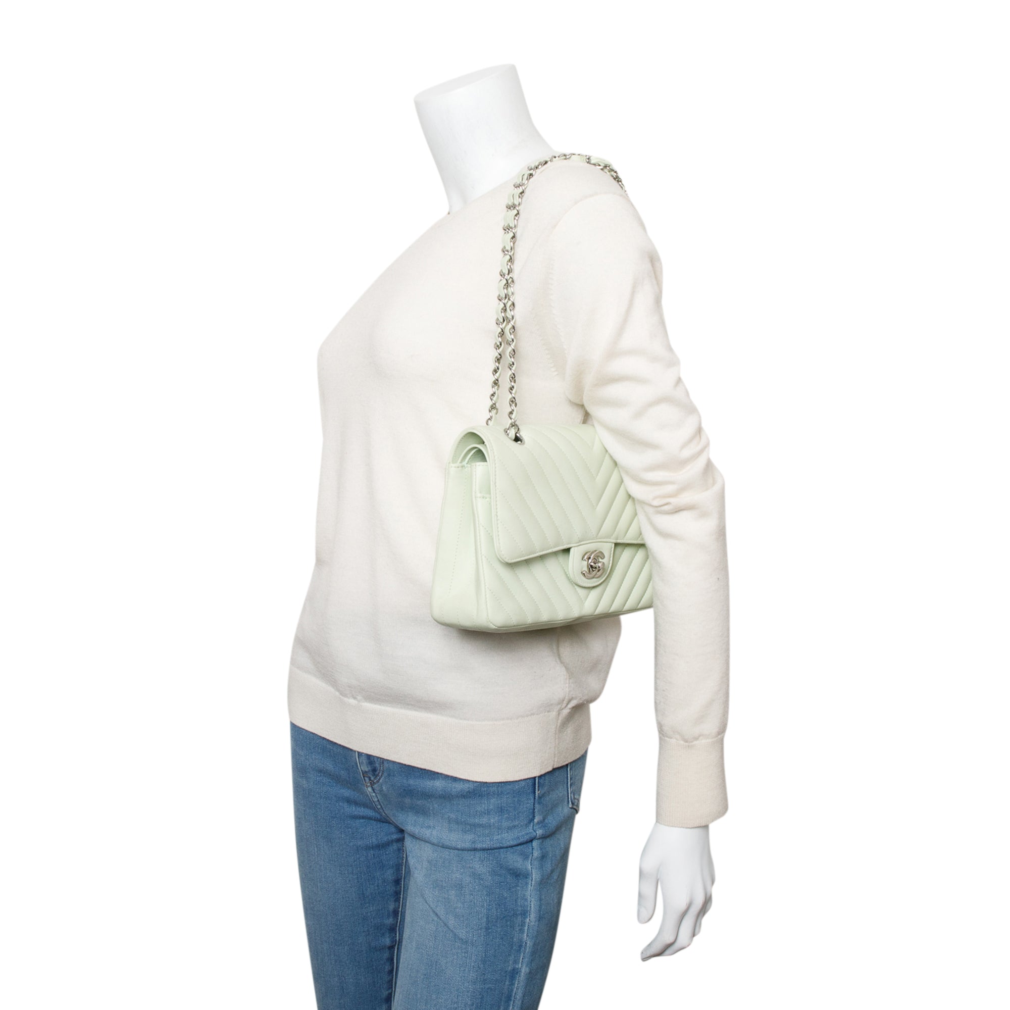 Chanel Green Chevron Lambskin Leather Classic Medium Double Flap Bag