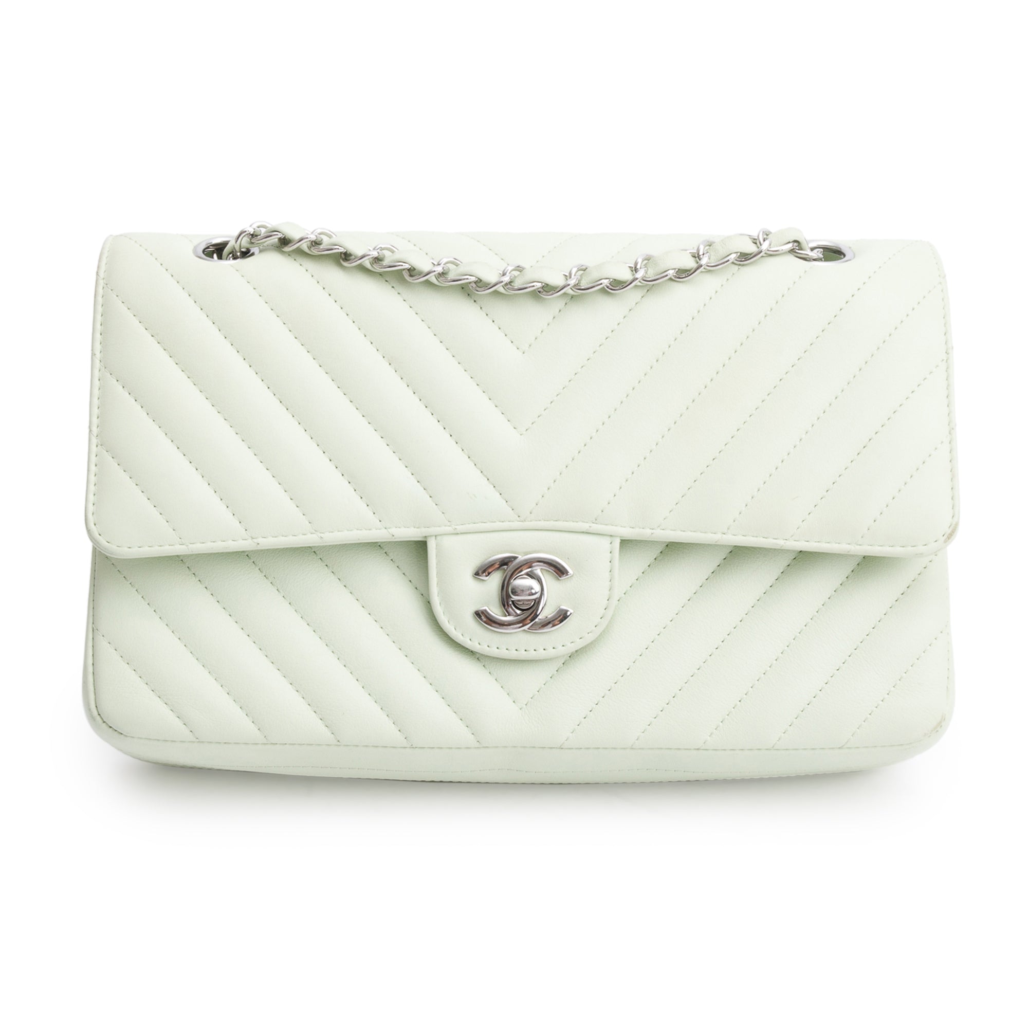 Chanel Green Chevron Lambskin Leather Classic Medium Double Flap Bag
