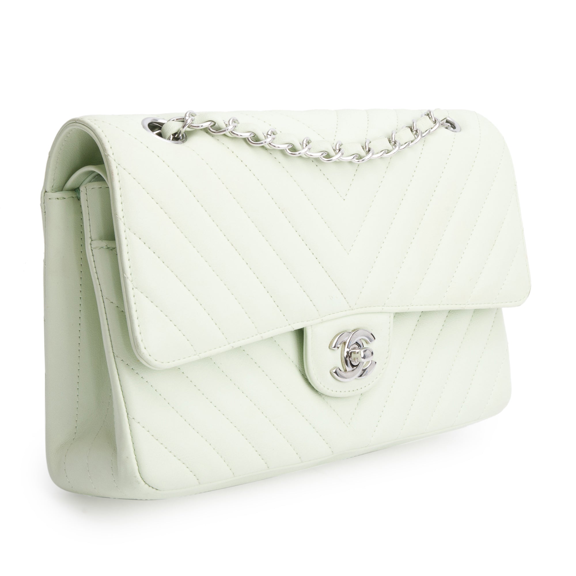 Chanel Green Chevron Lambskin Leather Classic Medium Double Flap Bag