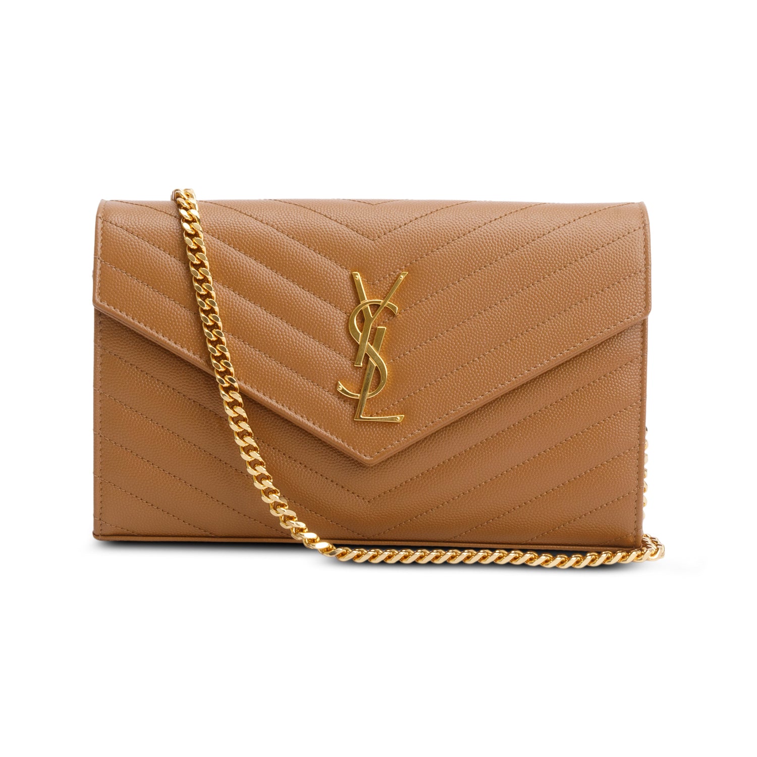 Saint Laurent Brown Cassandre Matelasse Envelope Chain Wallet w/ Box