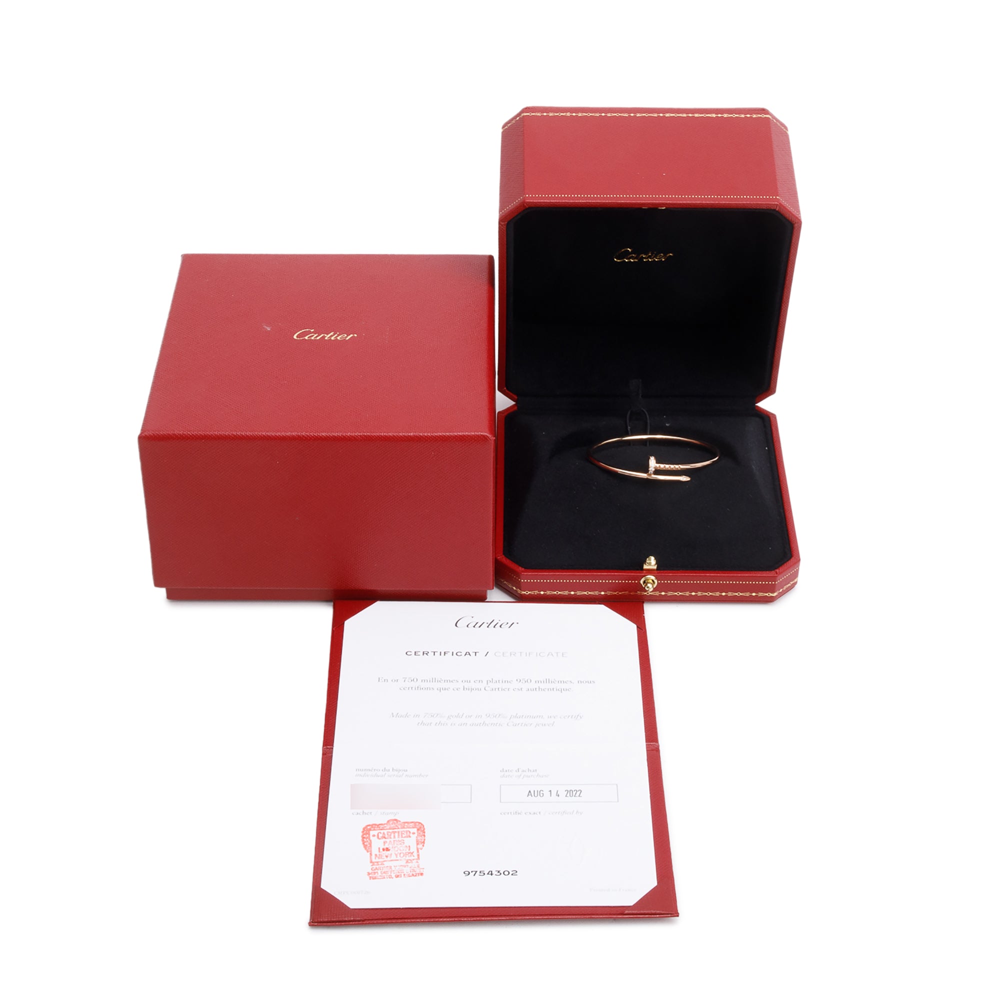 Cartier 18k Rose Gold Juste Un Clou Diamond Bracelet, Small Model, Size 15 w/ Box, Receipt & Certificate
