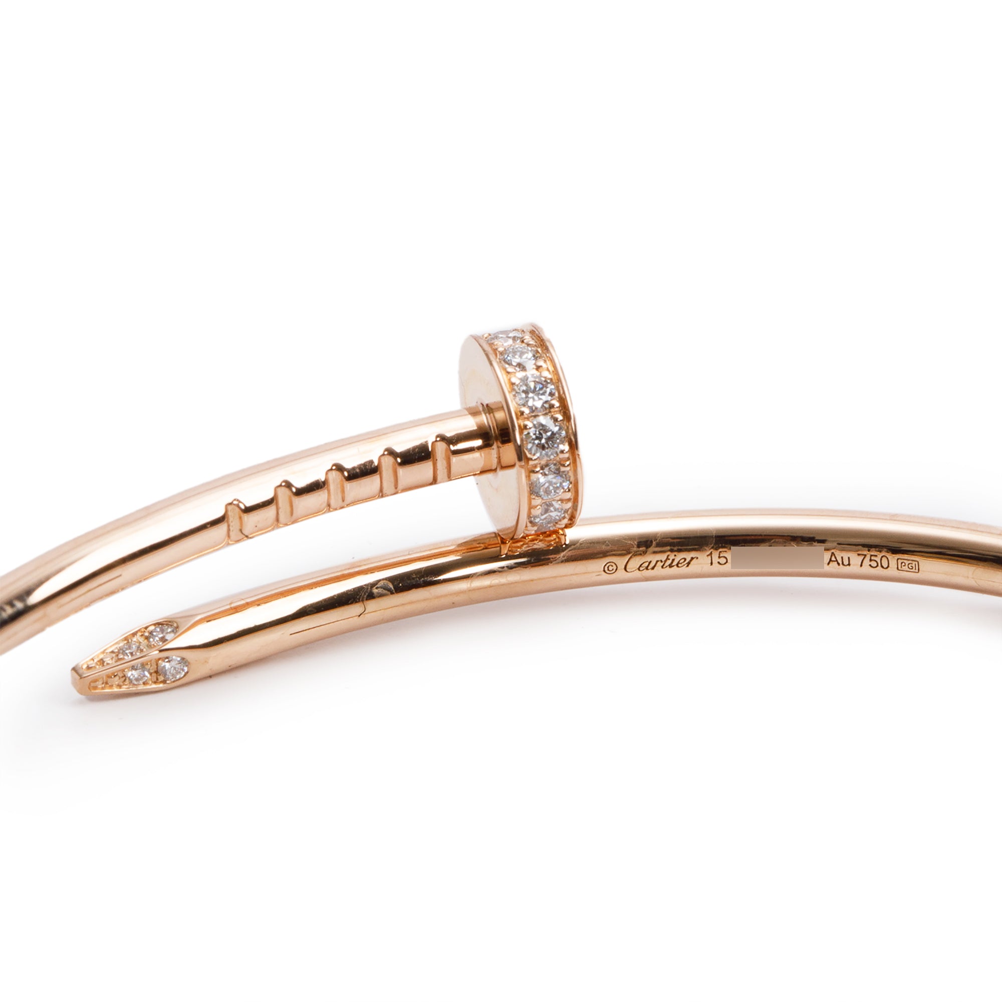 Cartier 18k Rose Gold Juste Un Clou Diamond Bracelet, Small Model, Size 15 w/ Box, Receipt & Certificate