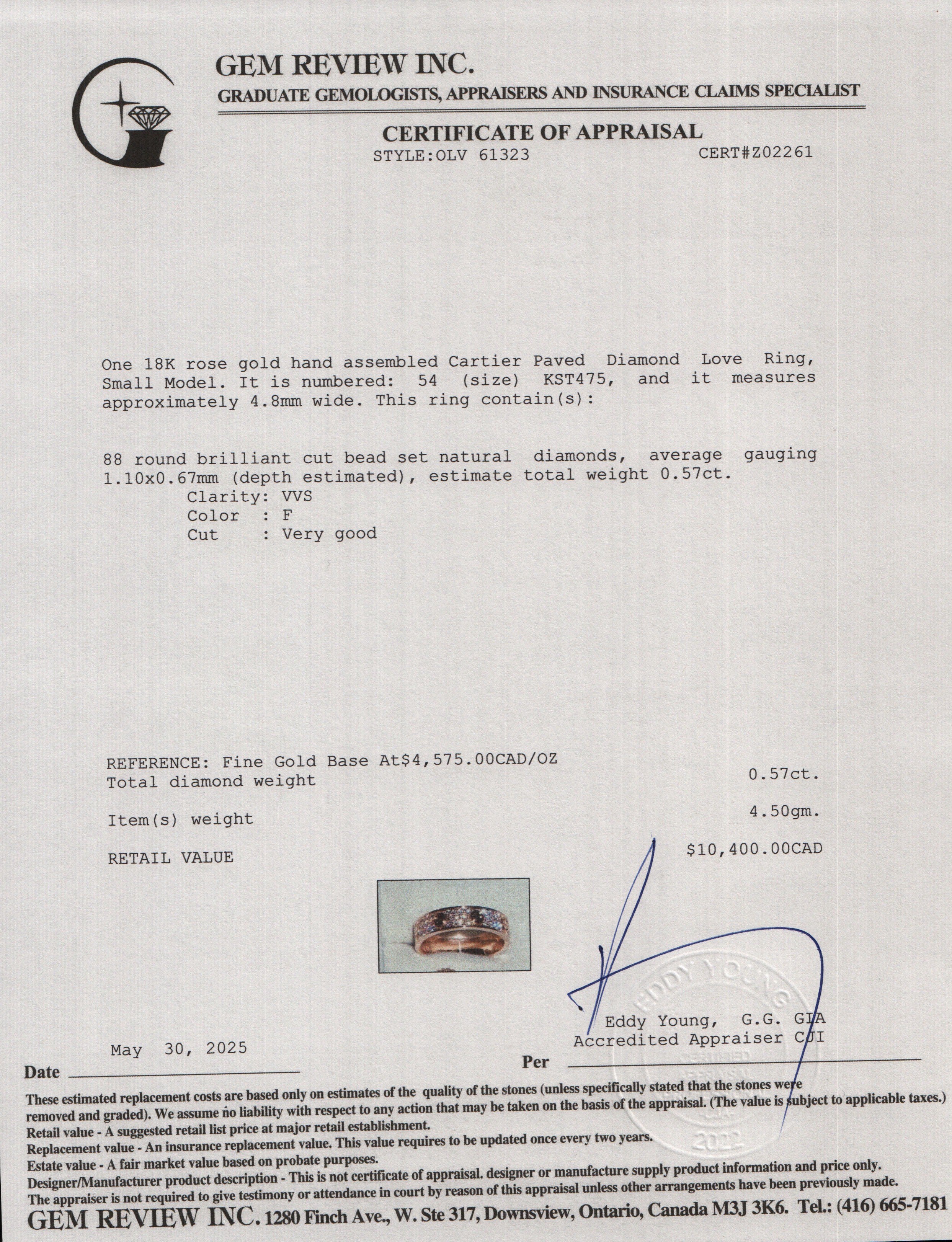 Cartier 18k Rose Gold Paved Diamond Love Ring, Small Model Size 54 7 w/ Box, Receipt & Certificate