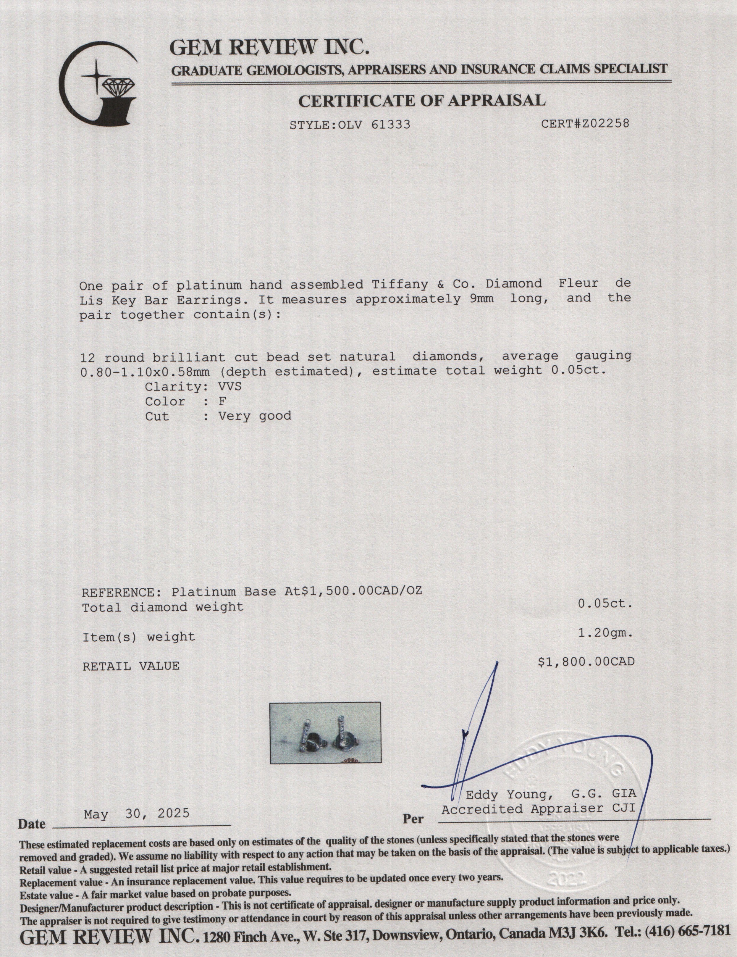 Tiffany & Co. Platinum Diamond Fleur de Lis Key Bar Earrings w/ Box