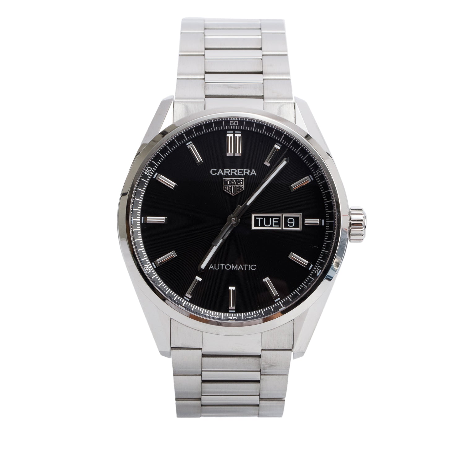 Tag Heuer Stainless Steel Carrera Day-Date 41 MM Automatic Watch Black Dial WBN2010 w/ Box & Papers