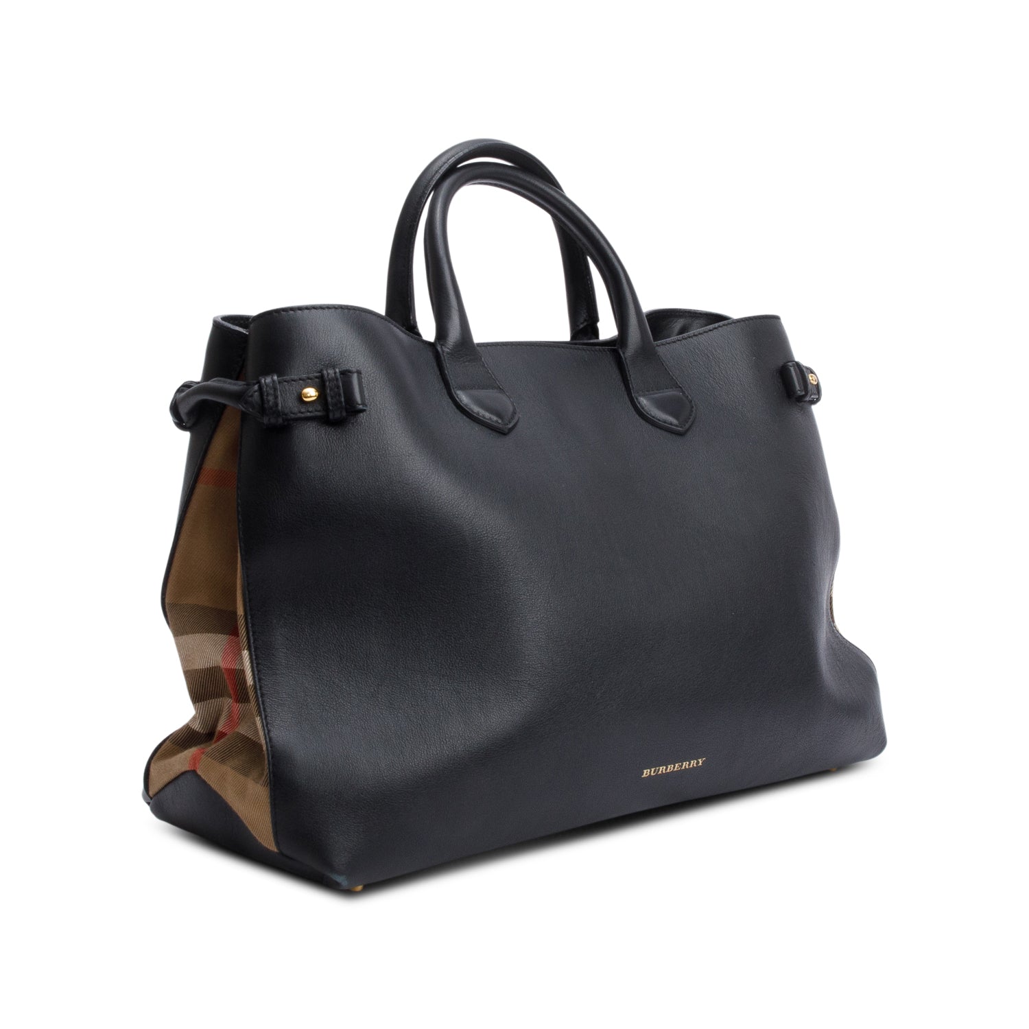 Burberry Black Calfskin Leather House Check Large Banner Tote w/ Strap