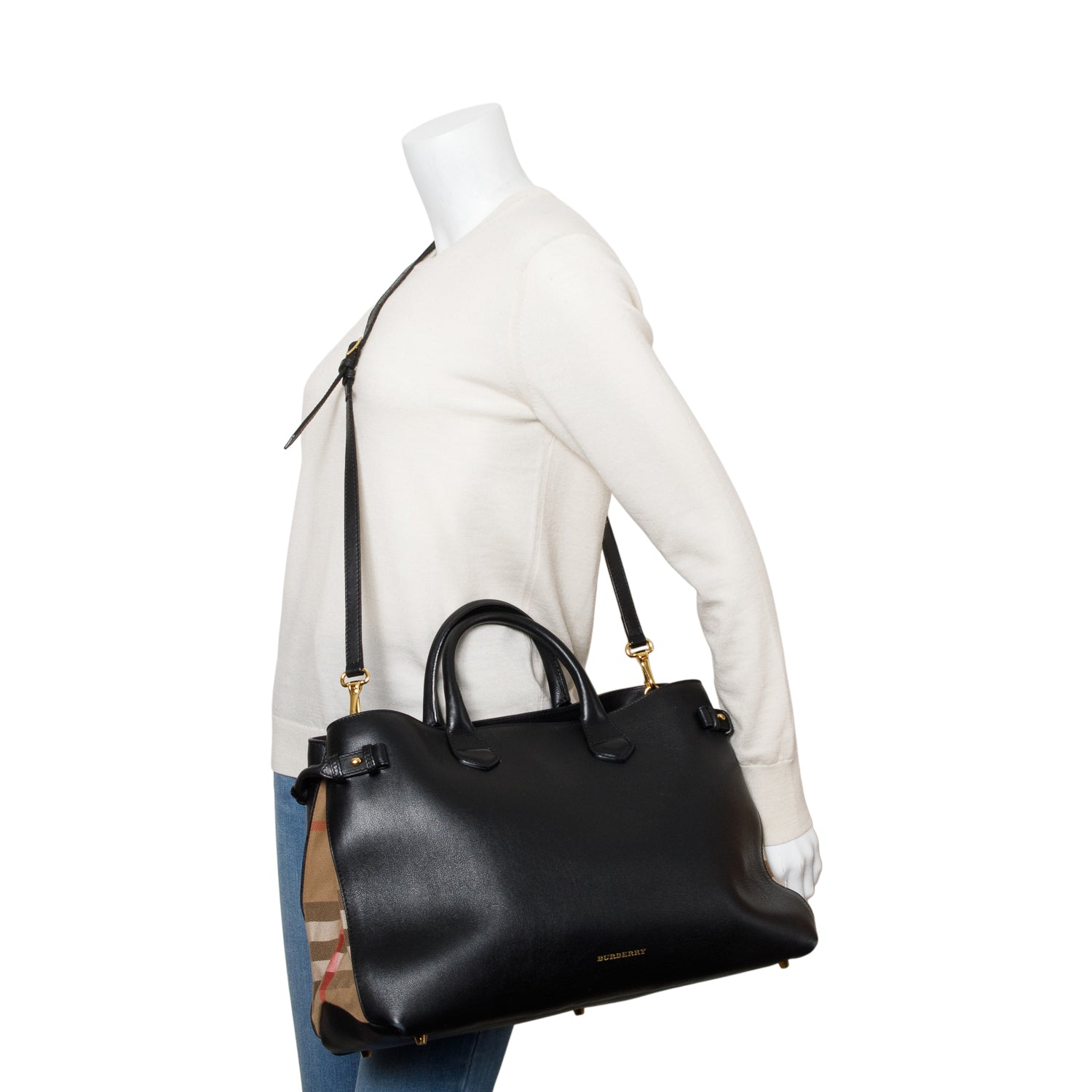 Burberry Black Calfskin Leather House Check Large Banner Tote w/ Strap