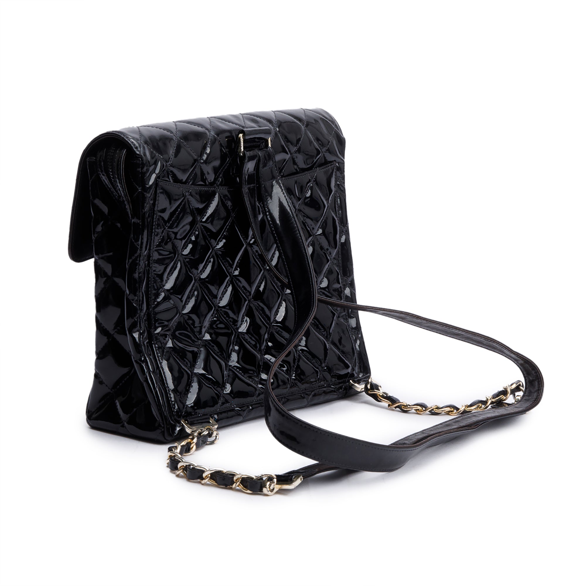 Chanel Vintage Black Quilted Patent Leather Classic Flap Backpack