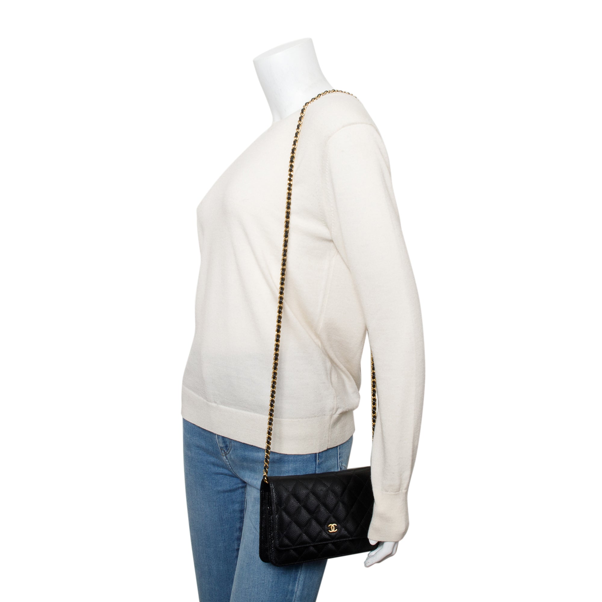 Chanel 2022 Black Quilted Caviar Leather Classic Wallet on Chain