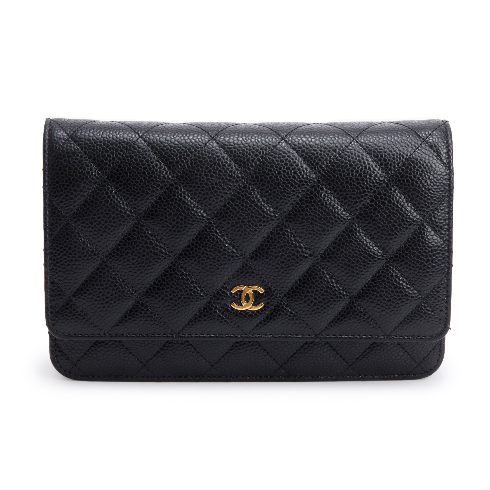 Chanel 2022 Black Quilted Caviar Leather Classic Wallet on Chain