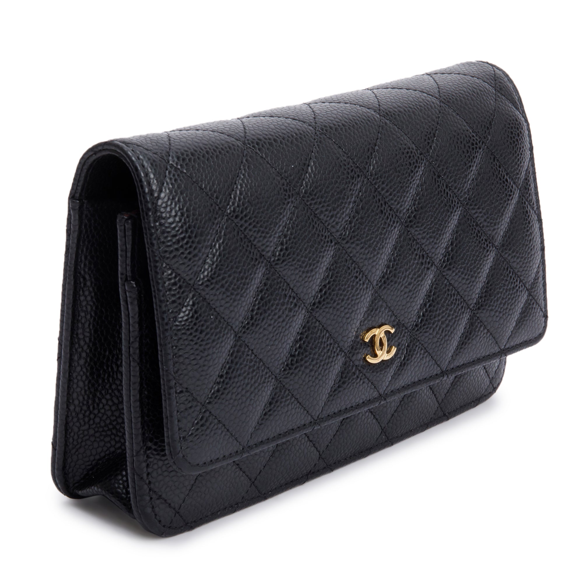 Chanel 2022 Black Quilted Caviar Leather Classic Wallet on Chain