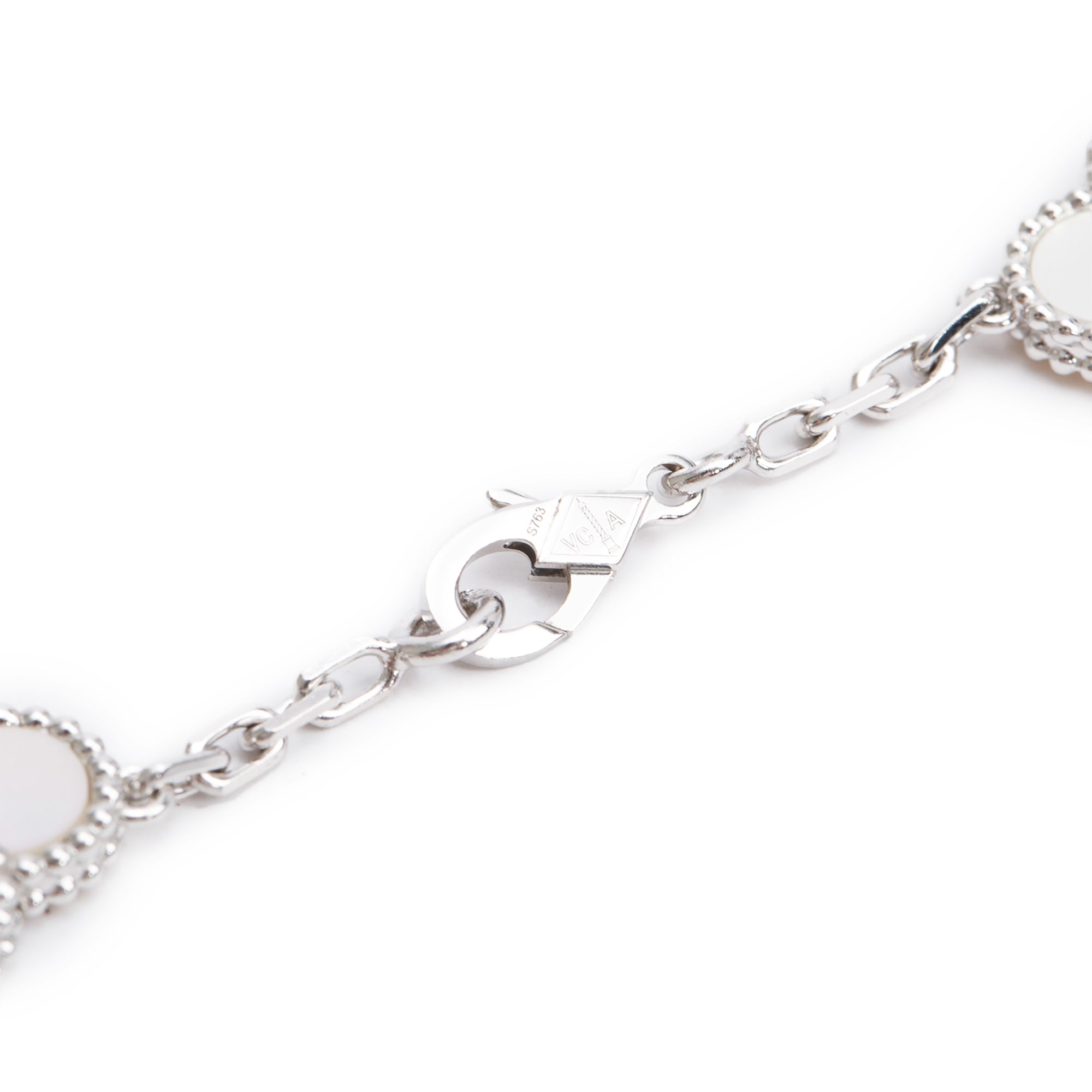 Van Cleef & Arpels 18k White Gold Vintage Alhambra 20 Motif Mother of Pearl Necklace w/ Box & Certificate