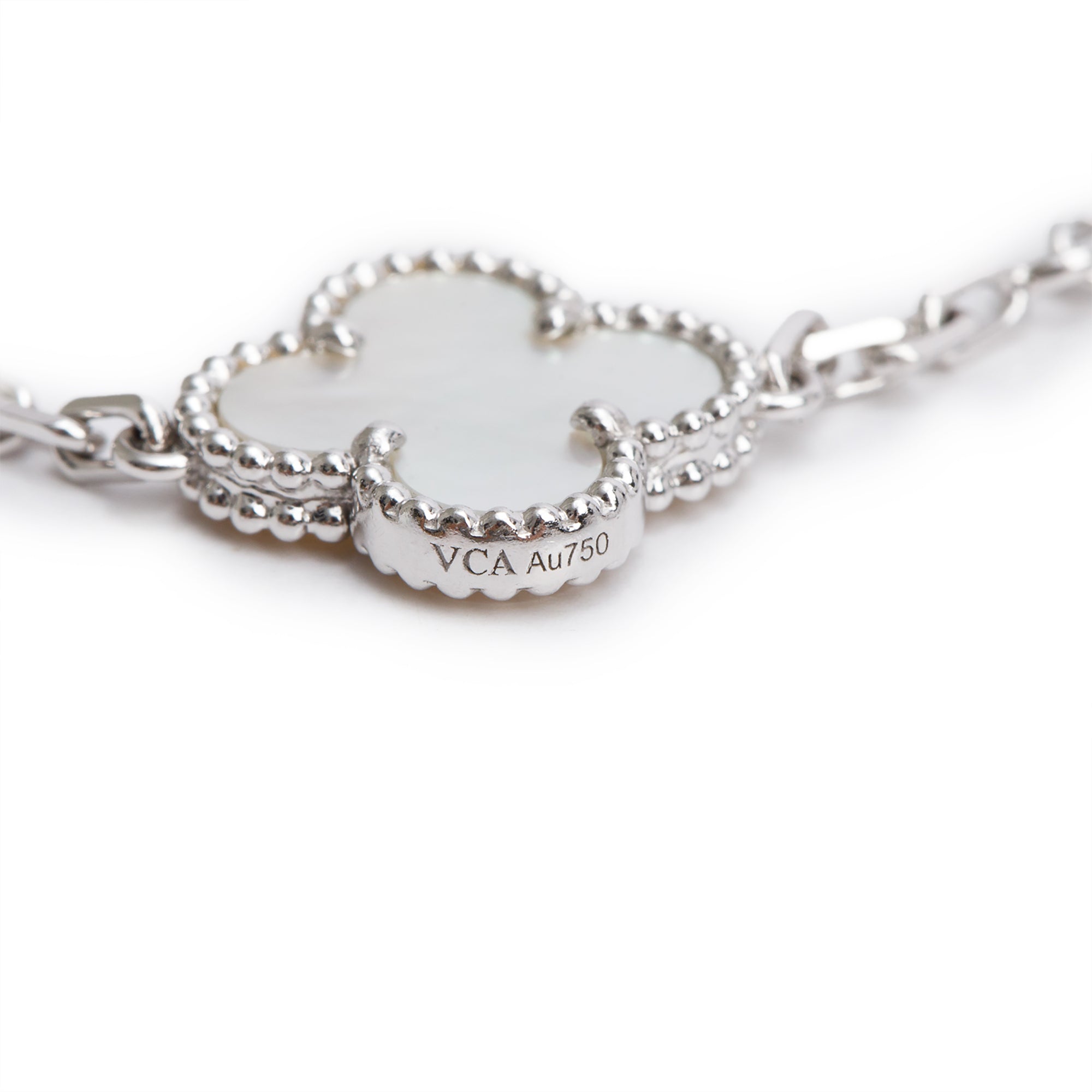 Van Cleef & Arpels 18k White Gold Vintage Alhambra 20 Motif Mother of Pearl Necklace w/ Box & Certificate