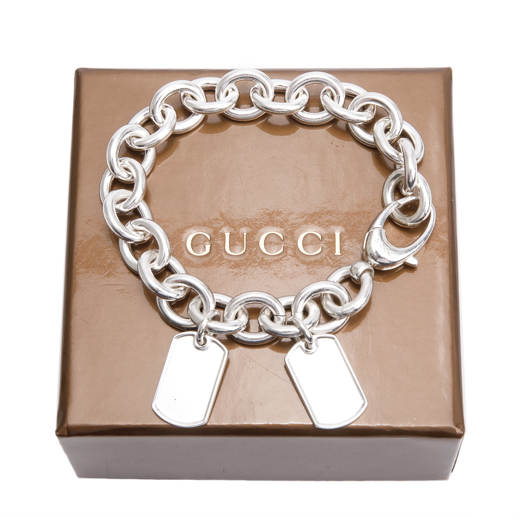 Gucci Sterling Silver Dog Tag Charm Bracelet w/ Box