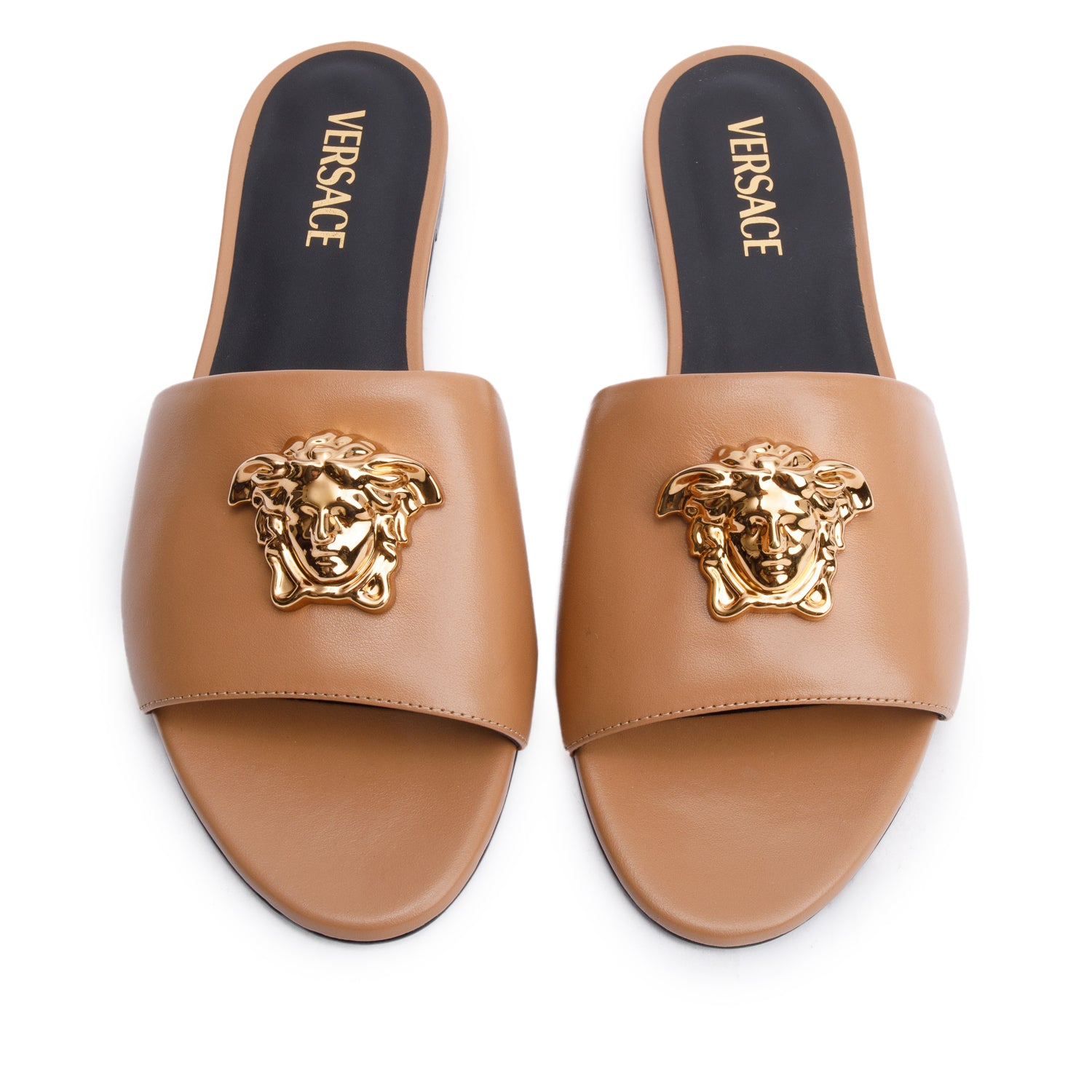 Versace Beige Leather Medusa Insignia Flat Sandals, Size 41 w/ Box