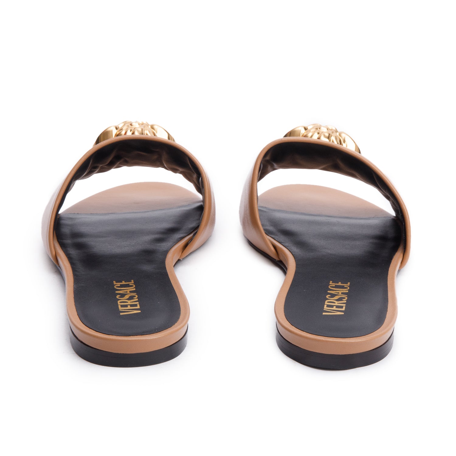 Versace Beige Leather Medusa Insignia Flat Sandals, Size 41 w/ Box