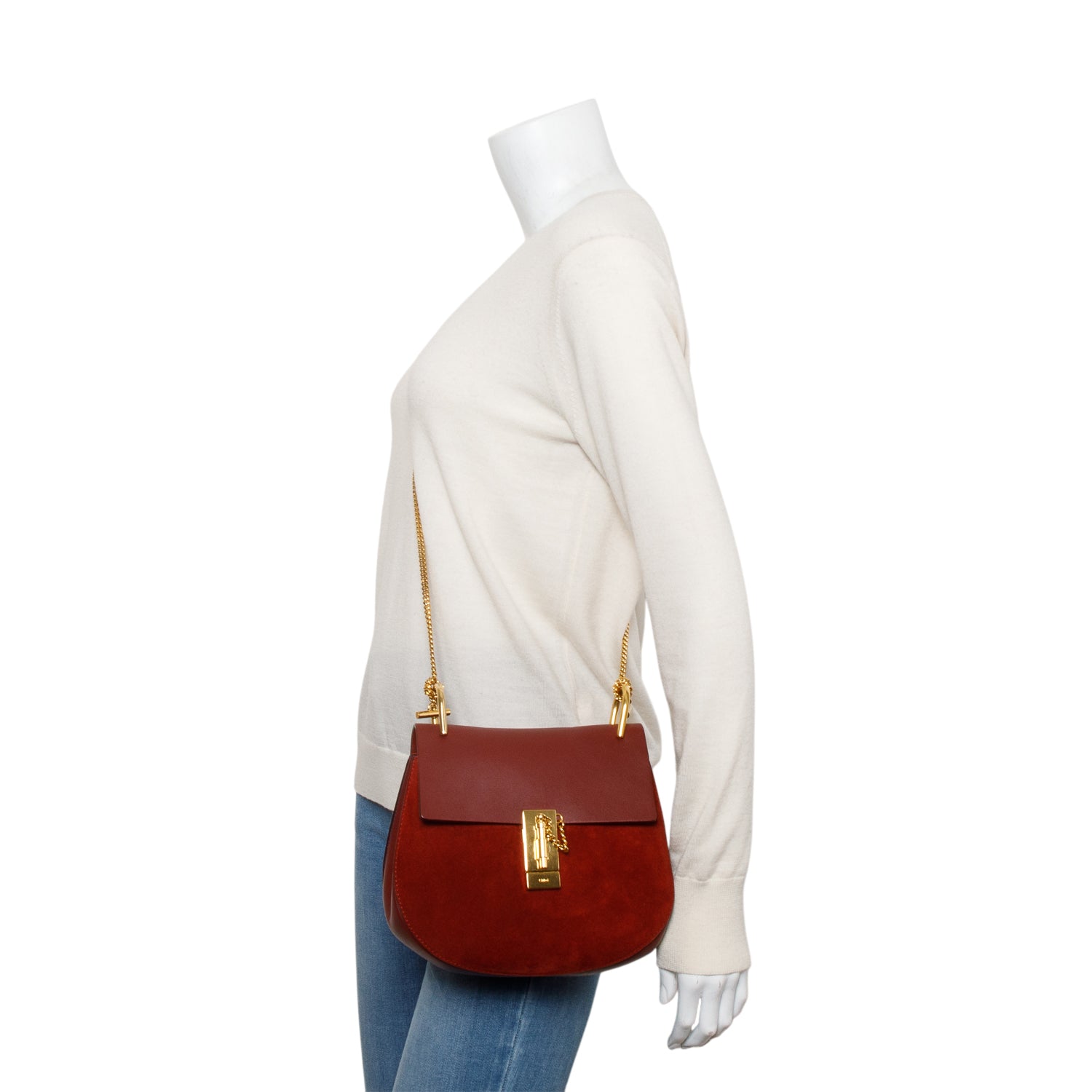 Chloe Maroon Suede Calfskin Leather Mini Drew Crossbody Bag