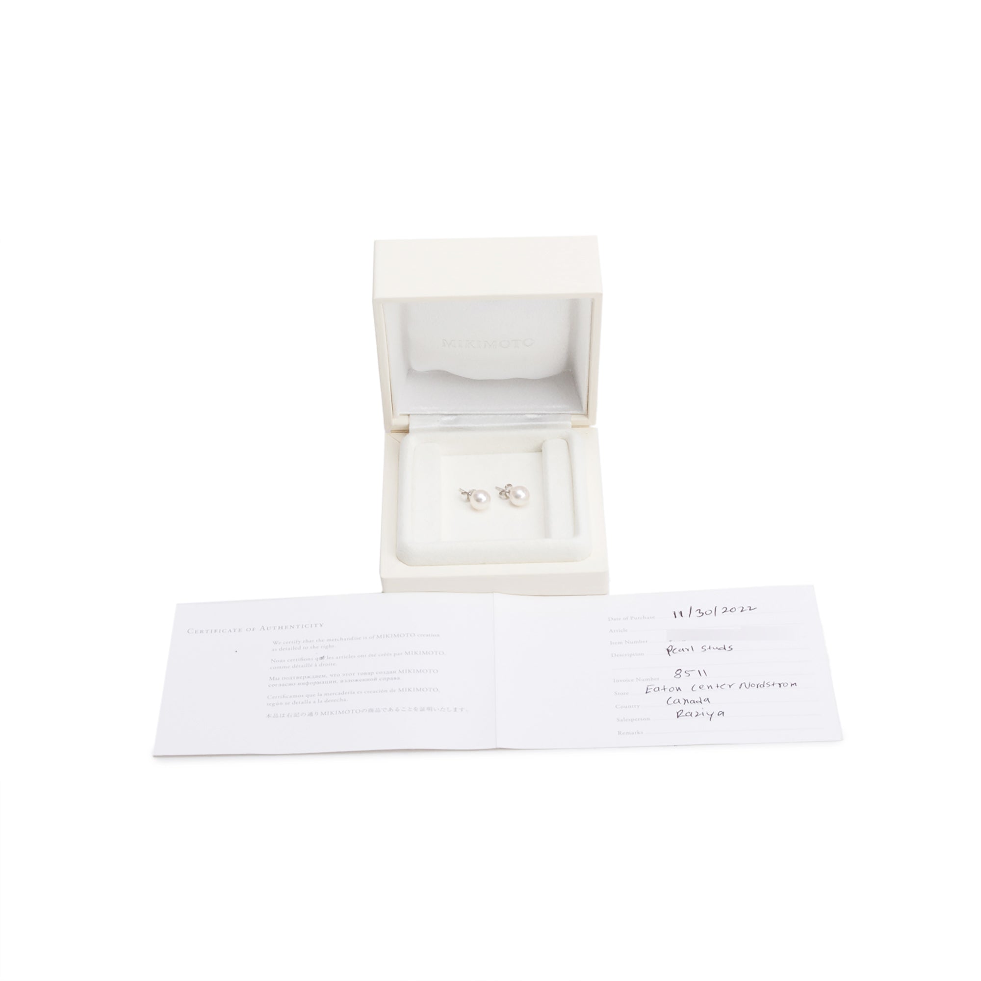 Mikimoto 18k White Gold 8 MM Akoya Pearl Stud Earrings w/ Box & Certificate