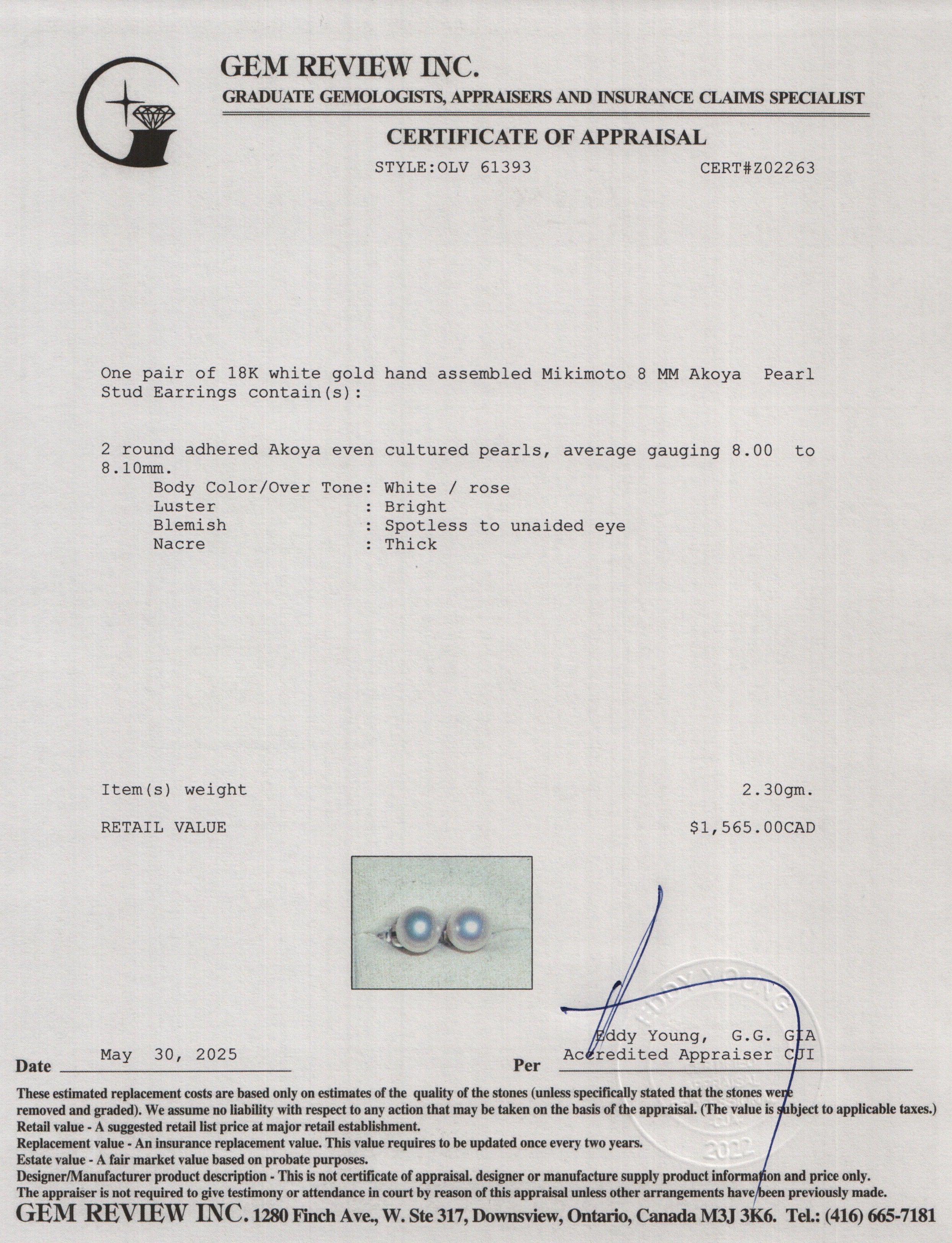 Mikimoto 18k White Gold 8 MM Akoya Pearl Stud Earrings w/ Box & Certificate