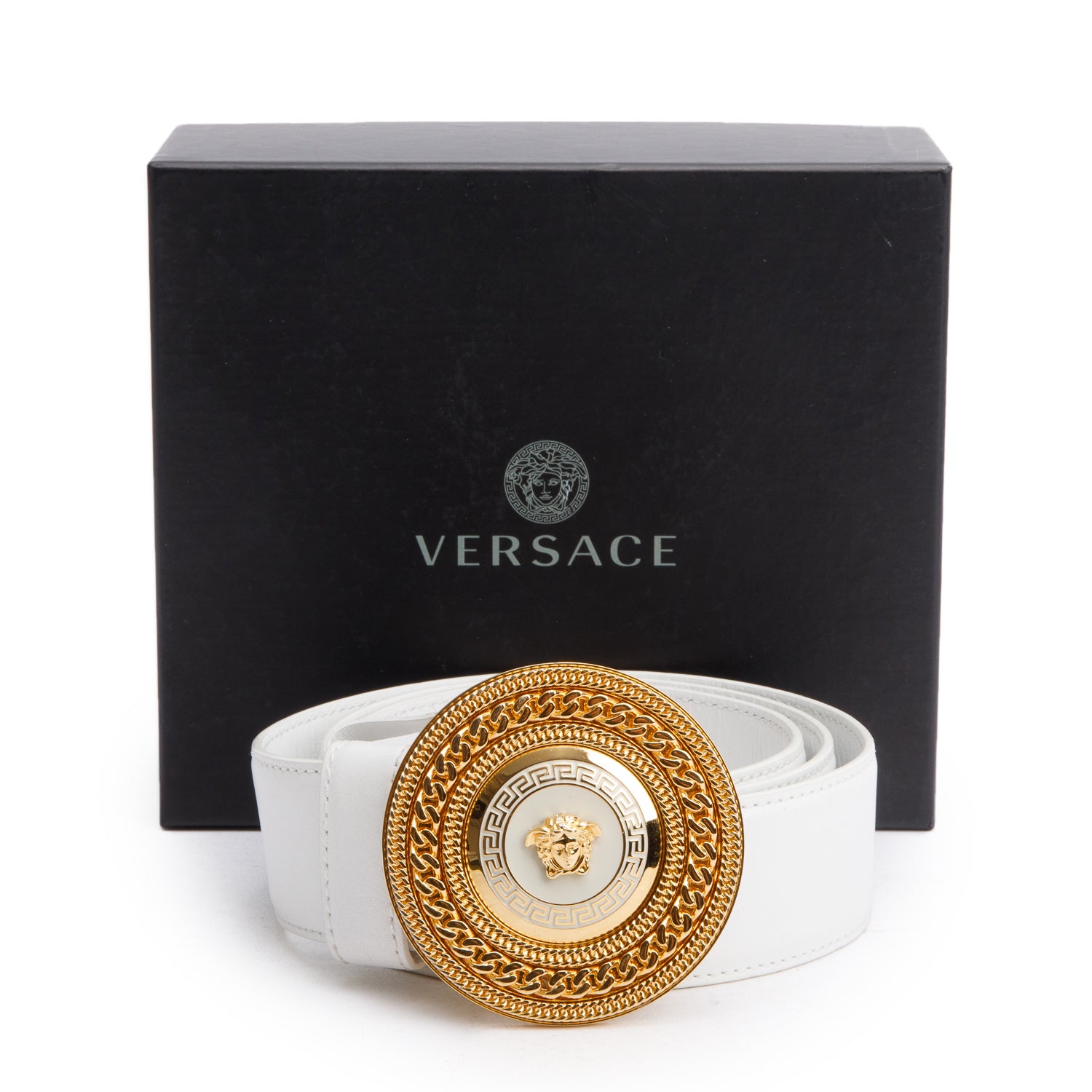 Versace White Calfskin Leather Medusa Biggie 4 CM Belt 90 36 w/ Box