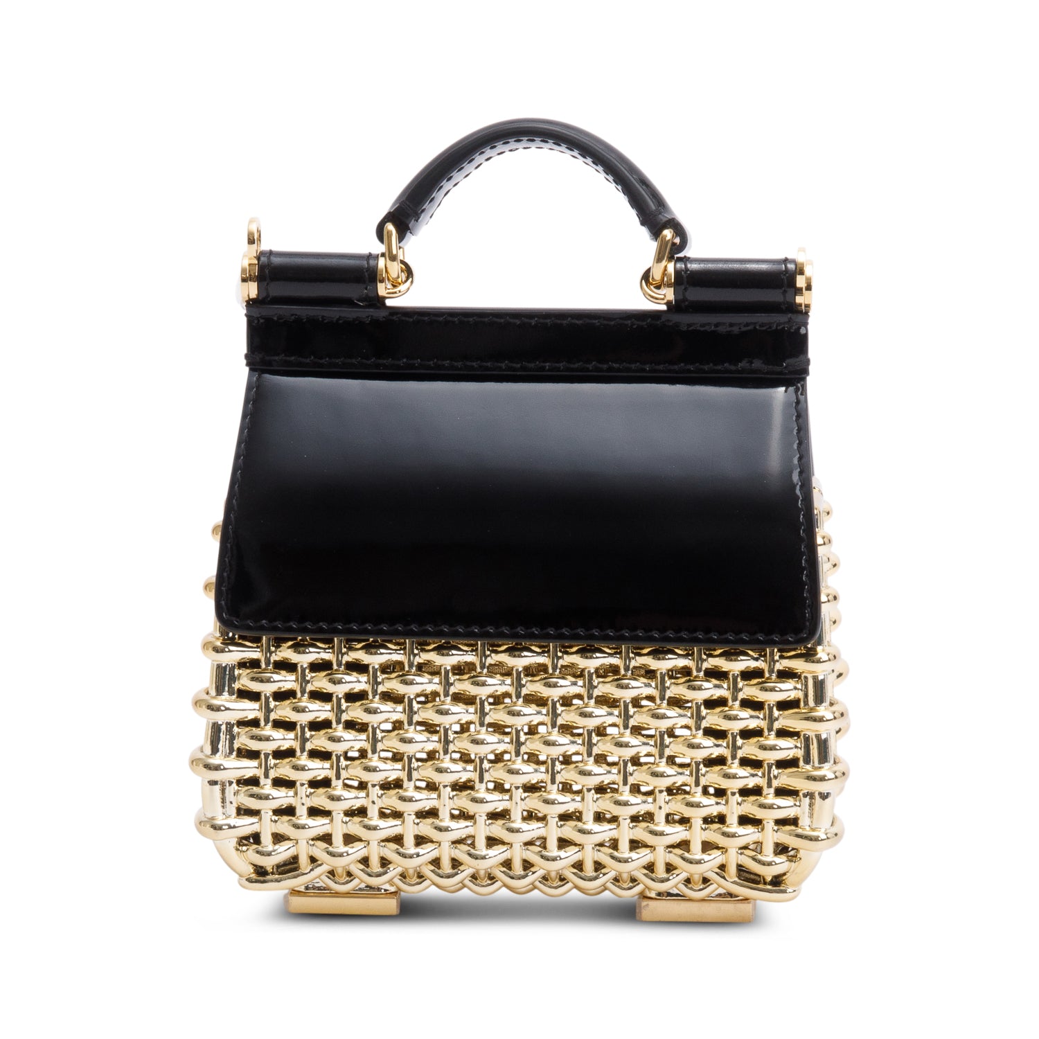 Dolce & Gabbana Black Patent Leather Gold Mini Sicily Box Handle Bag w/ Strap & Authenticity Card