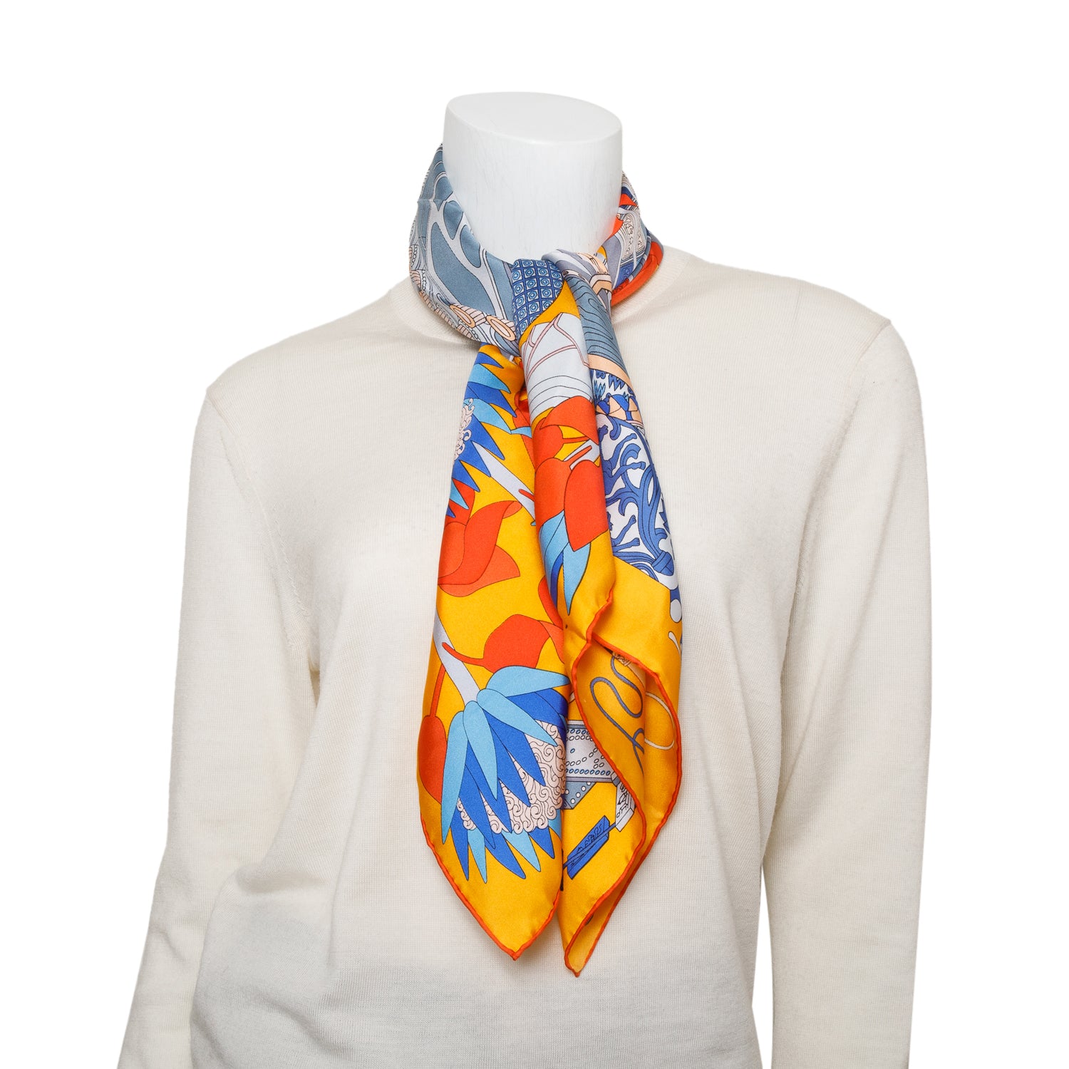 Hermes Orange Multicolor 'Marquis De Laffayette' Silk Scarf 90