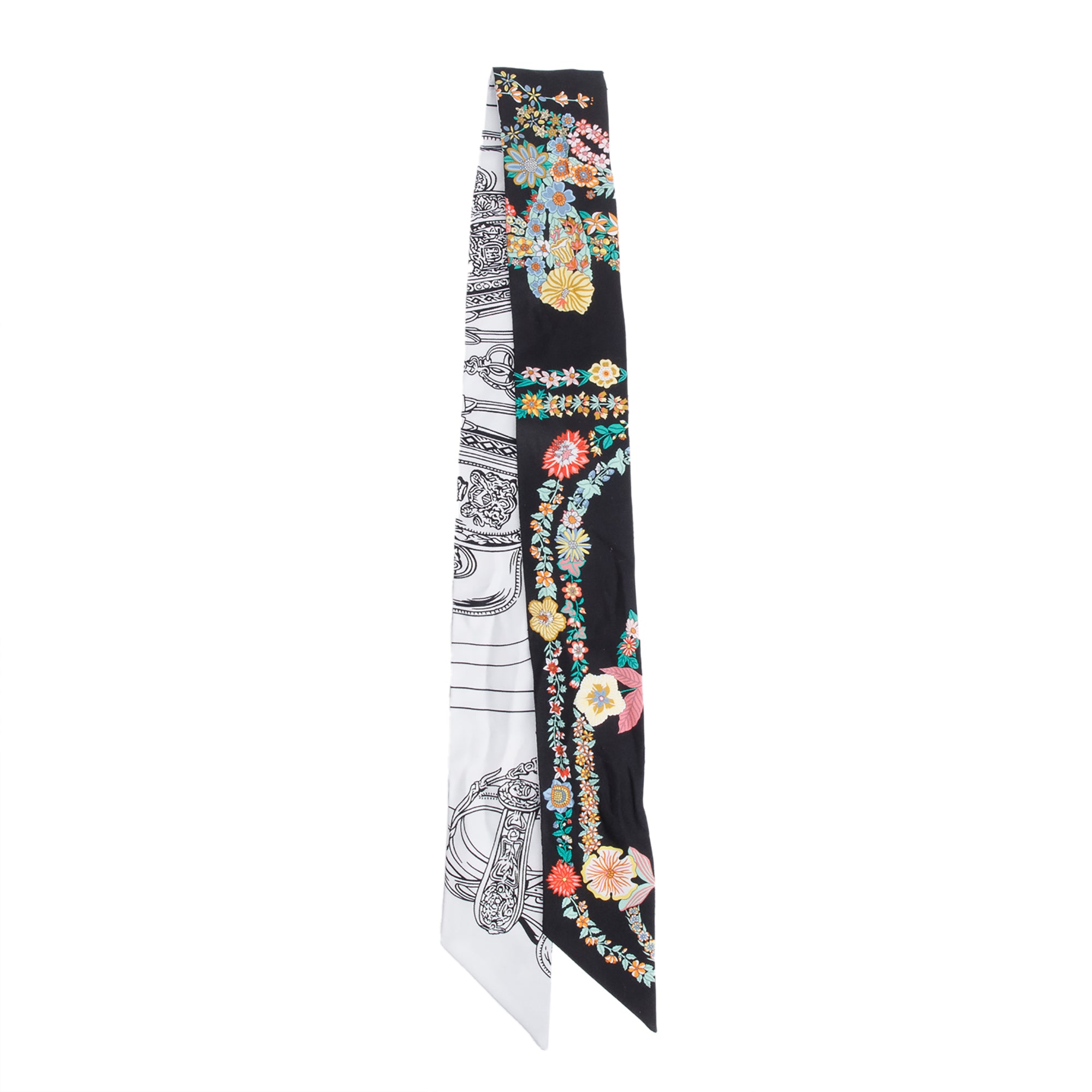 Hermes Black Multicolor 'Brides de Gala en Fleurs' Silk Twilly
