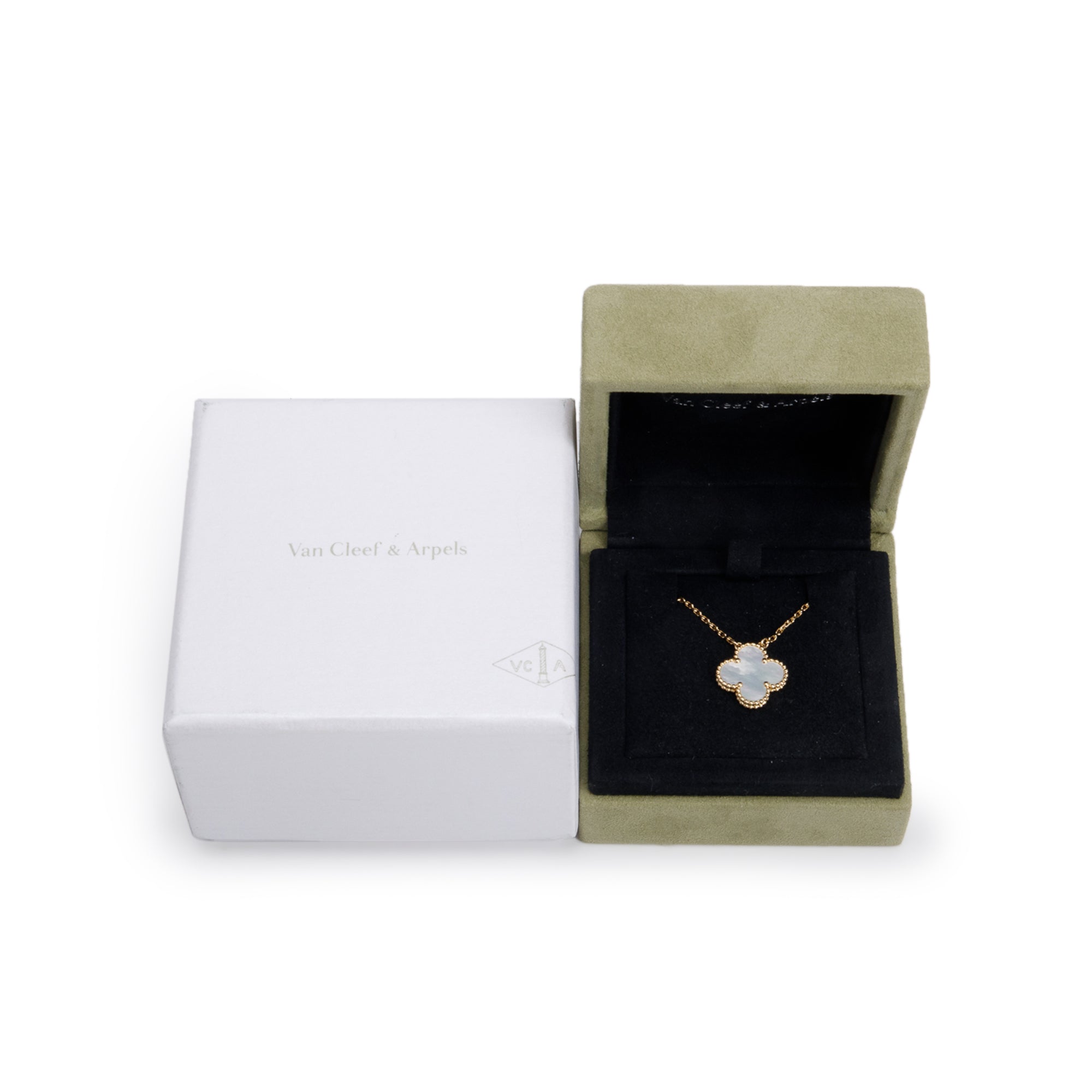 Van Cleef & Arpels 18k Yellow Gold Vintage Alhambra Mother of Pearl Pendant Necklace w/ Box & Receipt