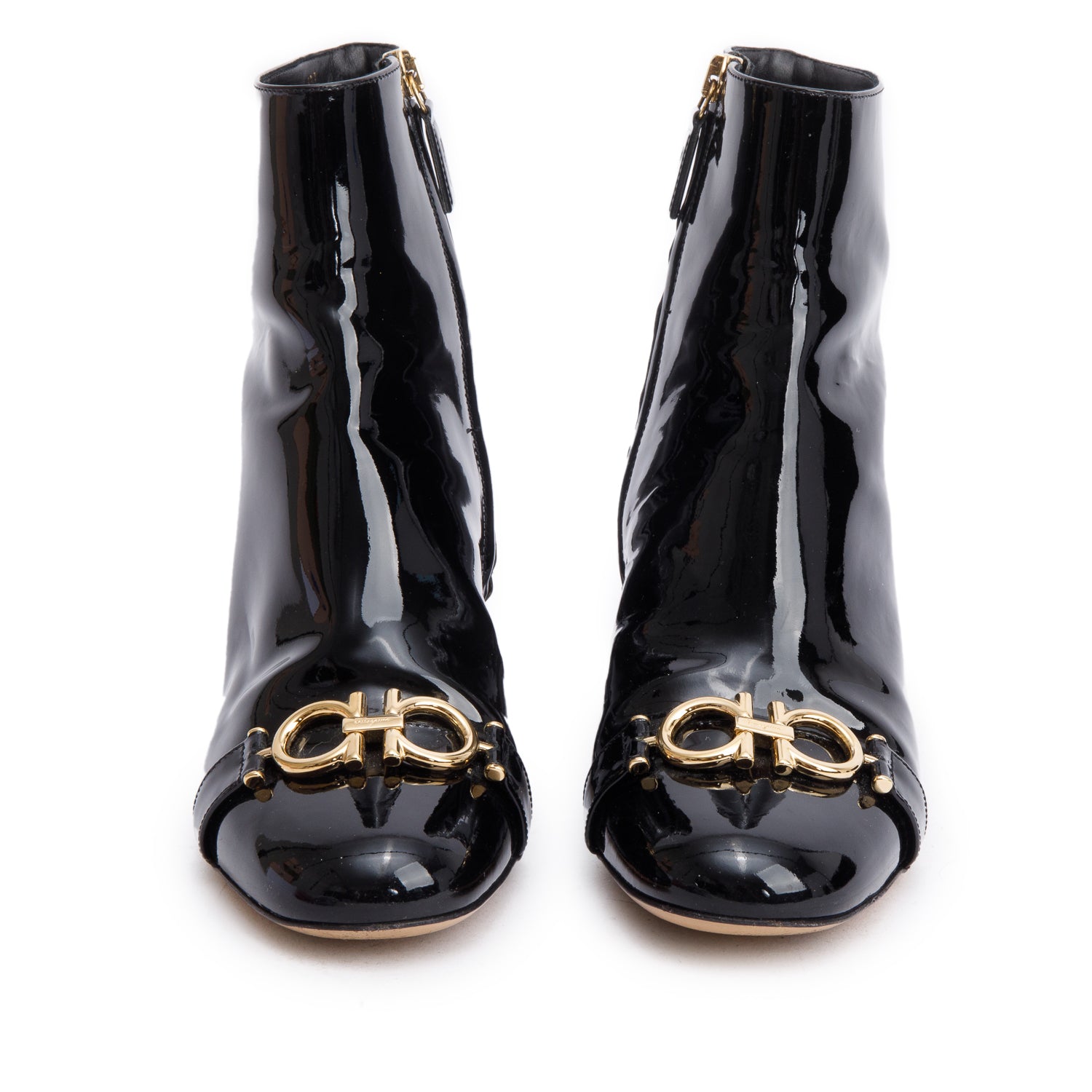 Salvatore Ferragamo Black Patent Leather Gancini Buckle Accent Booties, Size 35.5